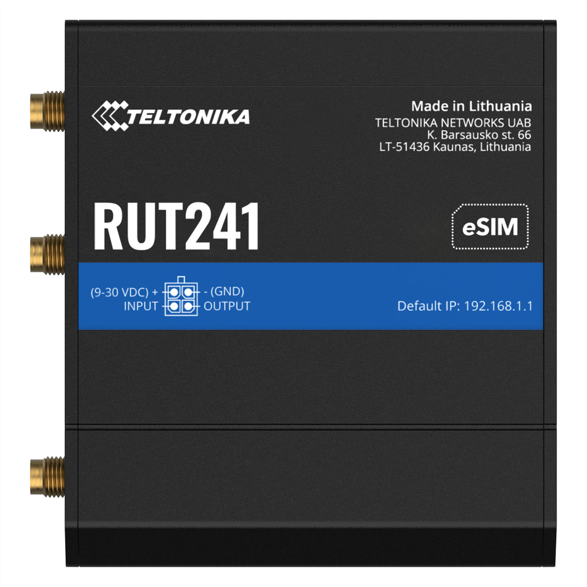 Czarny router Teltonika RUT241 z eSIM oraz złączami zasilania i sieci.