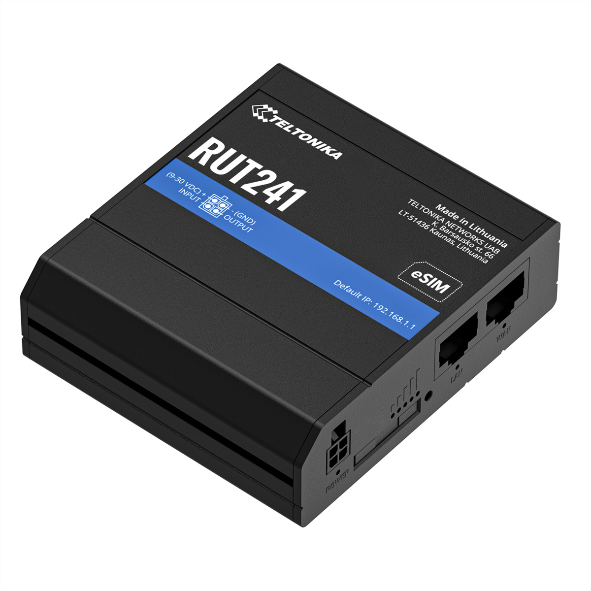 Czarny router Teltonika RUT241 z eSIM, portami sieciowymi i złączem zasilania.
