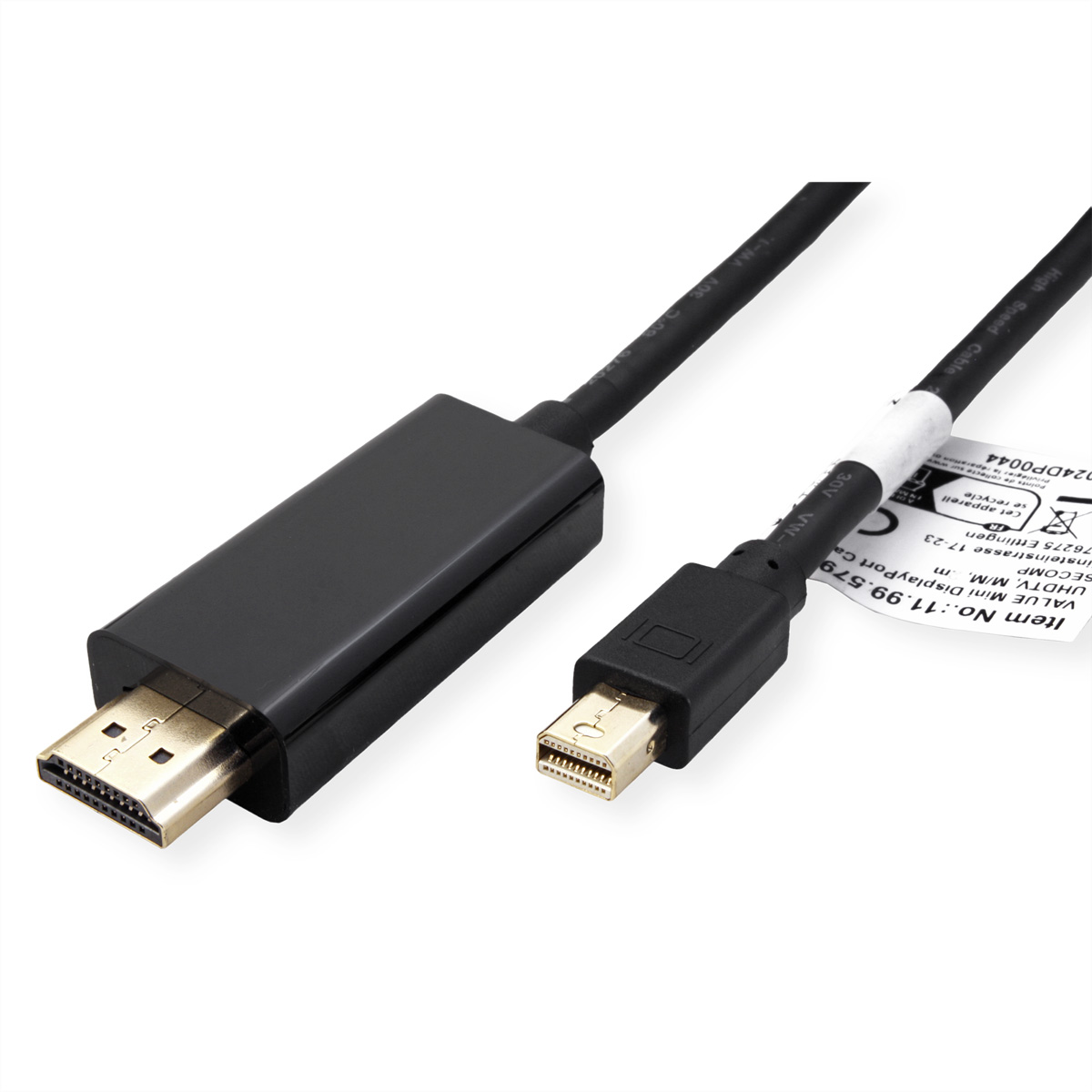 Zwarte kabel met HDMI- en Mini DisplayPort-connectoren, met label.