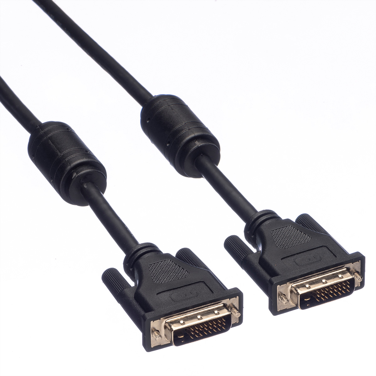 Zwei schwarze DVI-Kabel mit Ferritkernen und Anschlüssen vor weißem Hintergrund.