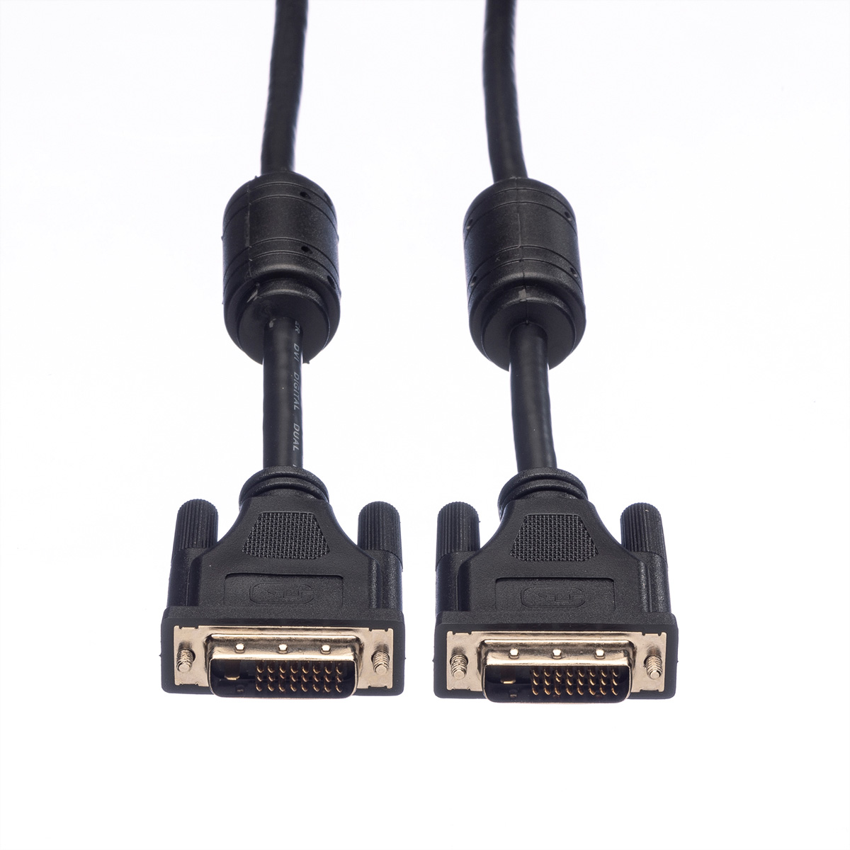 Zwei schwarze DVI-Kabel mit Ferritkernen und vergoldeten Anschlüssen.