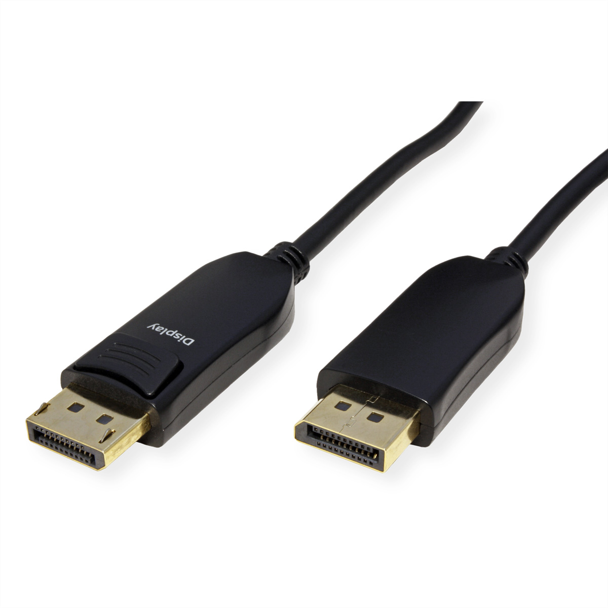 Twee zwarte DisplayPort kabels met gouden connectoren op witte achtergrond.