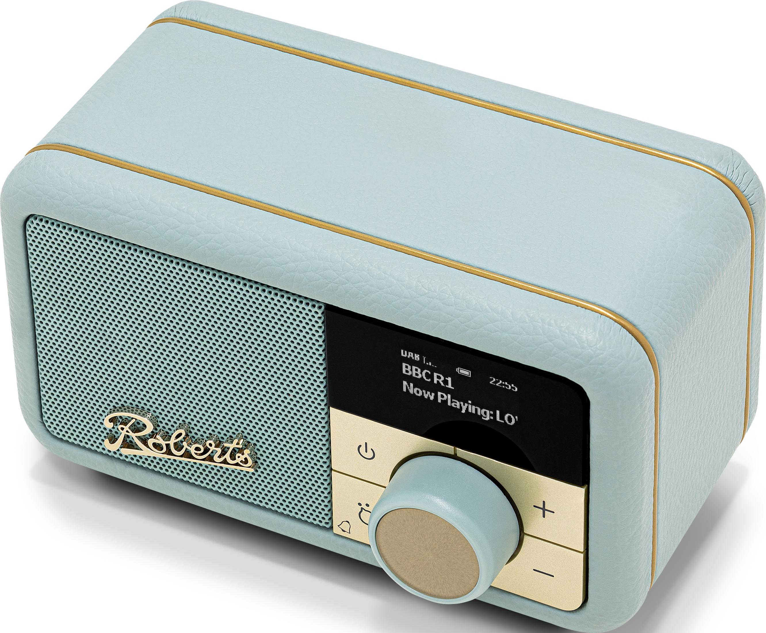 Una radio retrò azzurra con accenti dorati e display digitale.