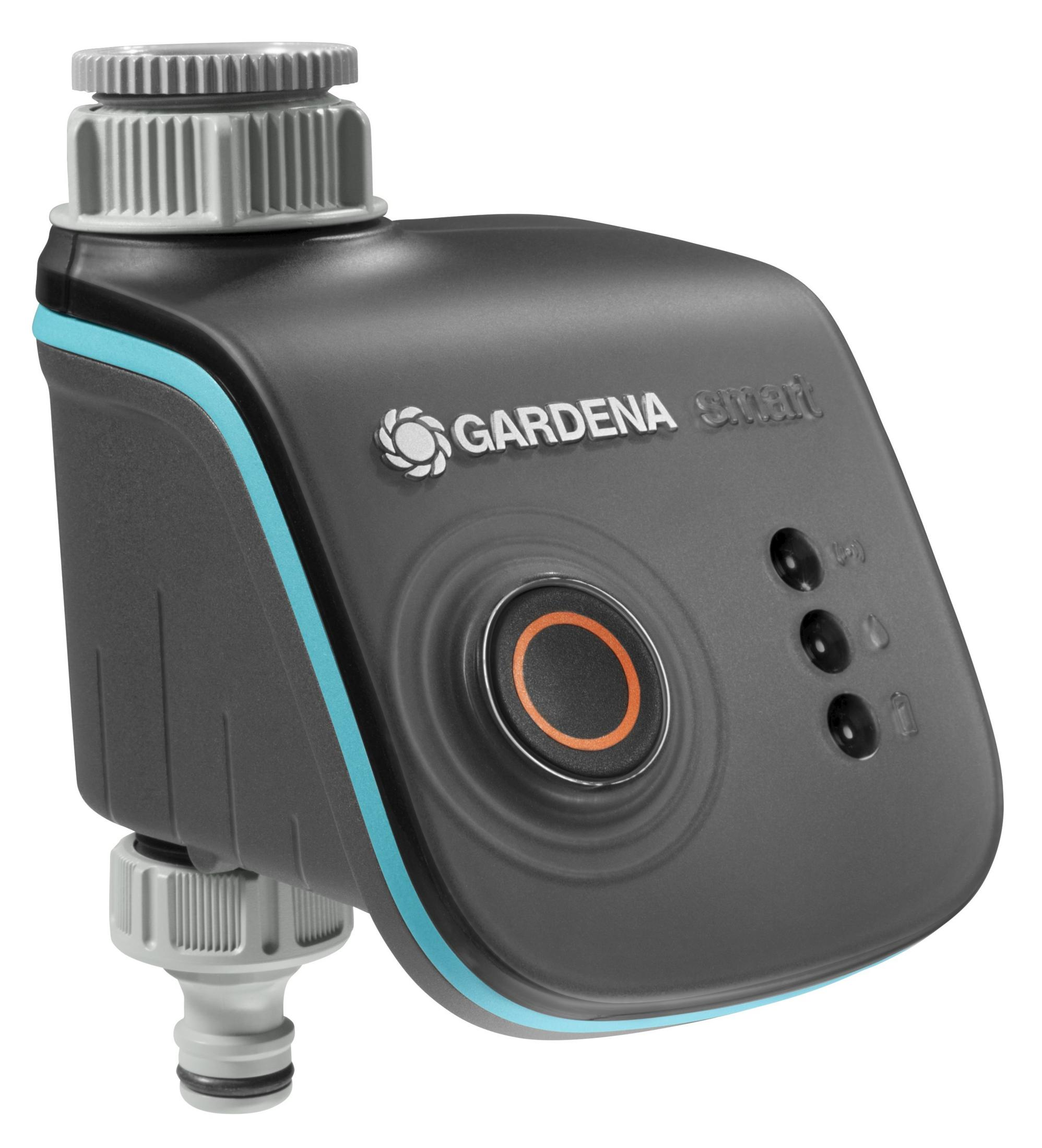 Computer per irrigazione Gardena Smart grigio con striscia blu e pulsante arancione.
