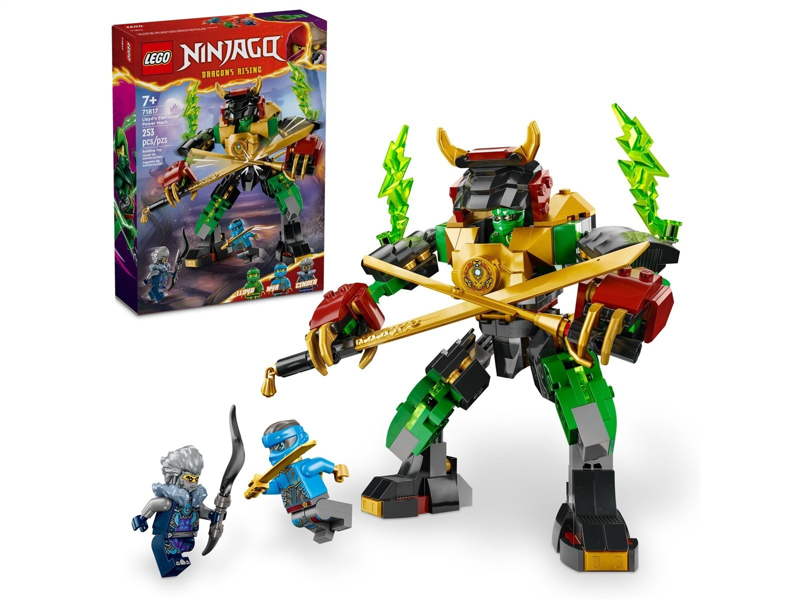Ein grüner und goldener Mech mit zwei Minifiguren und einem Spielzeugkarton.