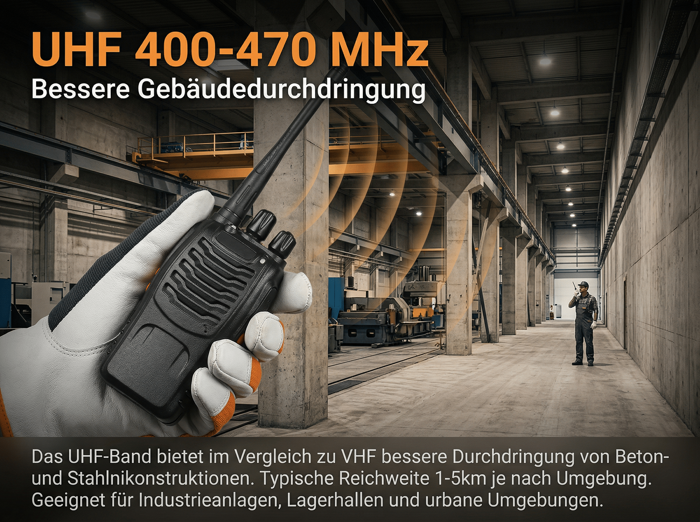 Eine Hand in einem Handschuh hält ein Funkgerät in einer Fabrikhalle.