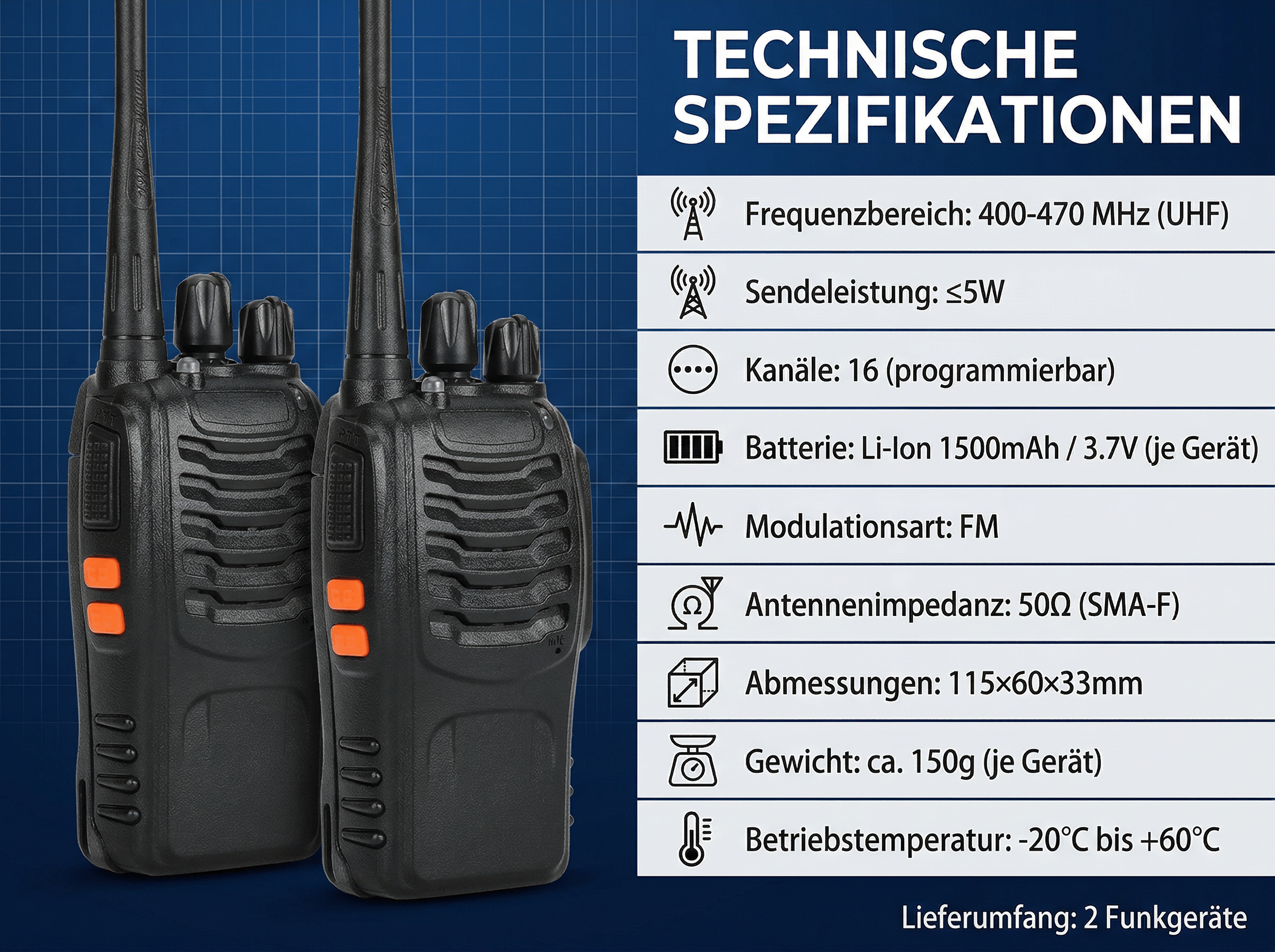 Zwei schwarze Funkgeräte mit orangefarbenen Tasten und technischen Spezifikationen.