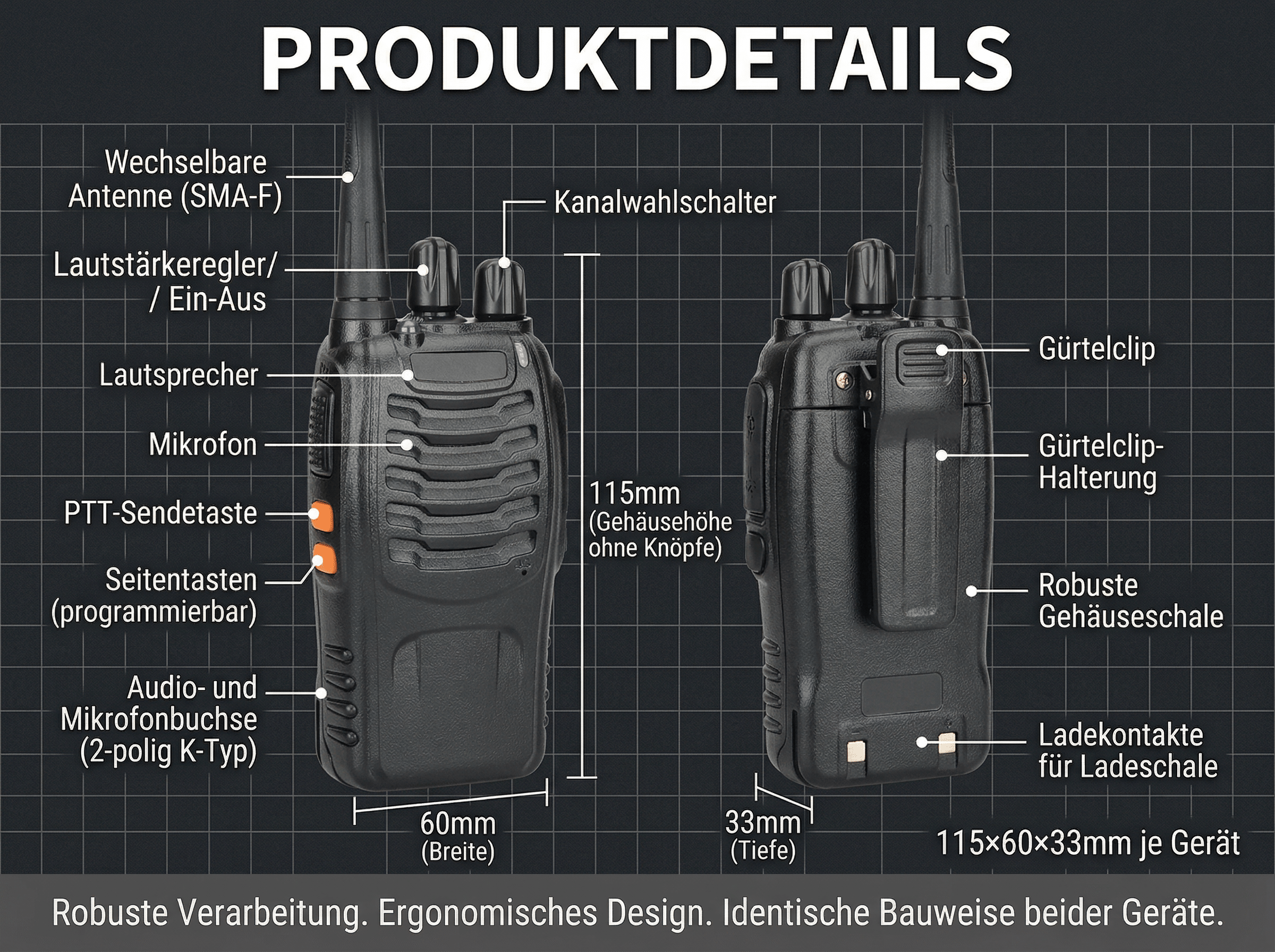 Detailansicht eines schwarzen Walkie-Talkies mit Beschriftungen auf Deutsch.