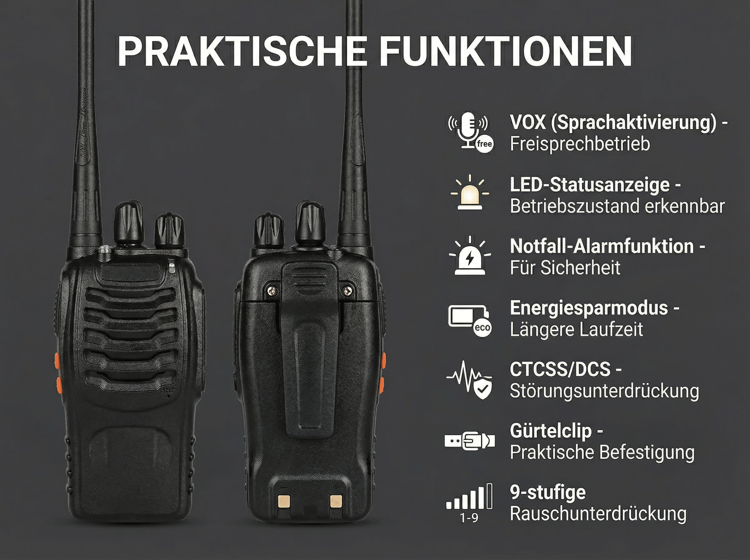 Zwei schwarze Funkgeräte nebeneinander mit Funktionen wie VOX und Notfallalarm.
