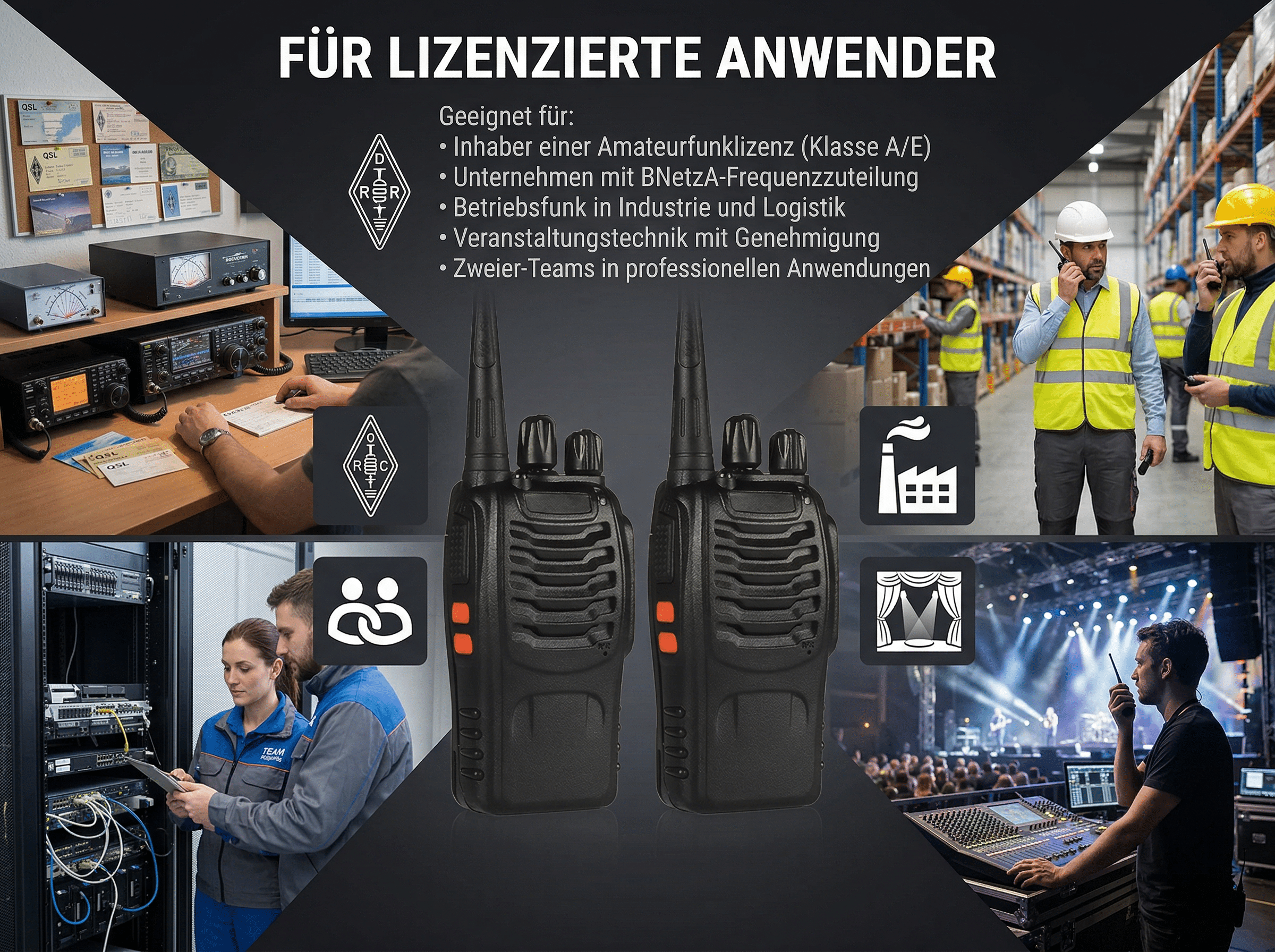 Funkgeräte, Lagerarbeiter, Techniker und ein Mischpult im Einsatz.