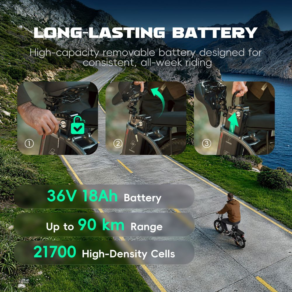 Instrucciones para quitar batería de e-bike: 36V 18Ah, 90km de alcance, 21700 celdas.