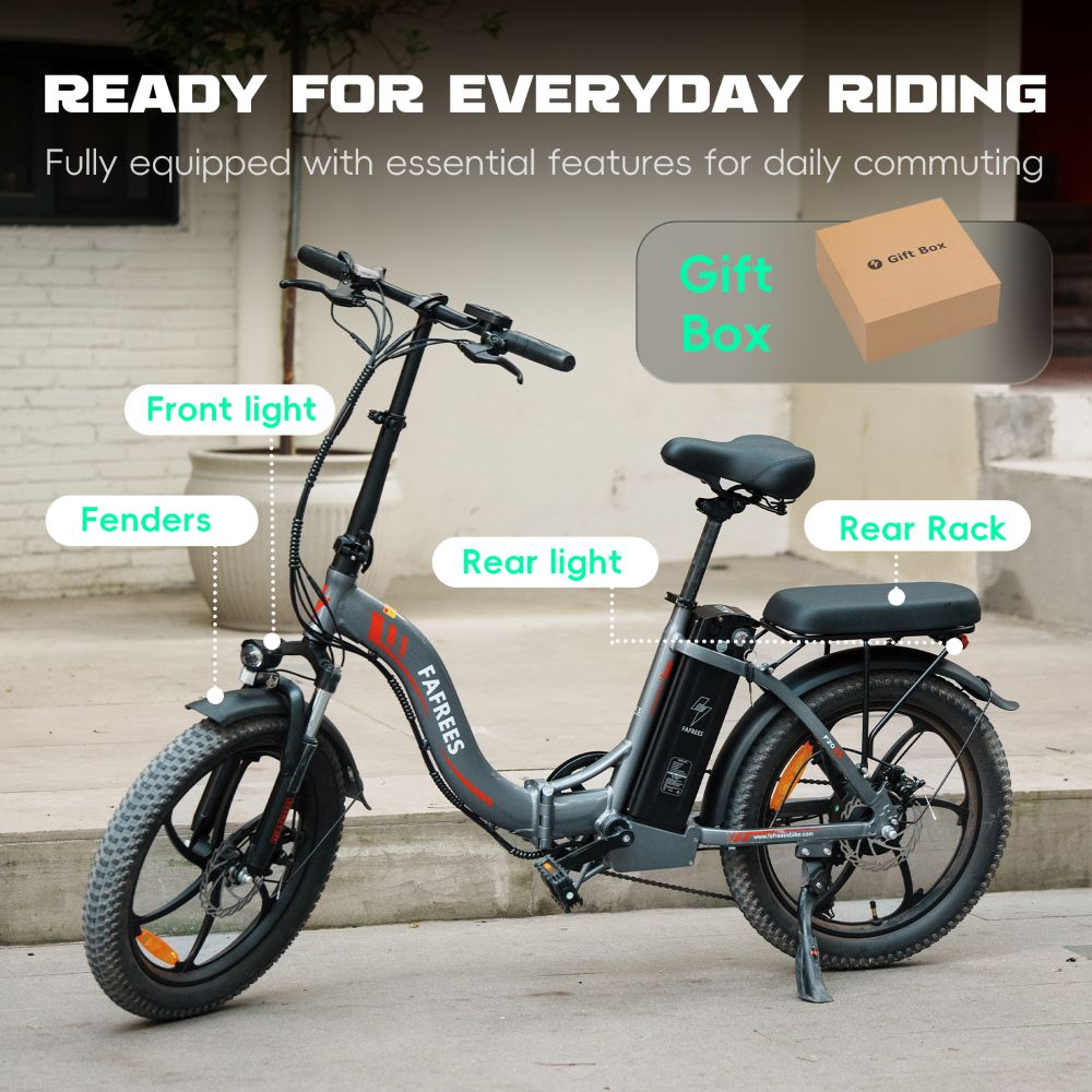 Una bicicleta eléctrica gris con luces delantera y trasera, guardabarros y portaequipajes. Incluye caja de regalo.