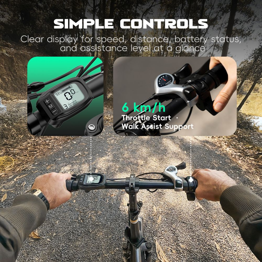 Vista del manillar de una bicicleta eléctrica con pantalla digital y controles.