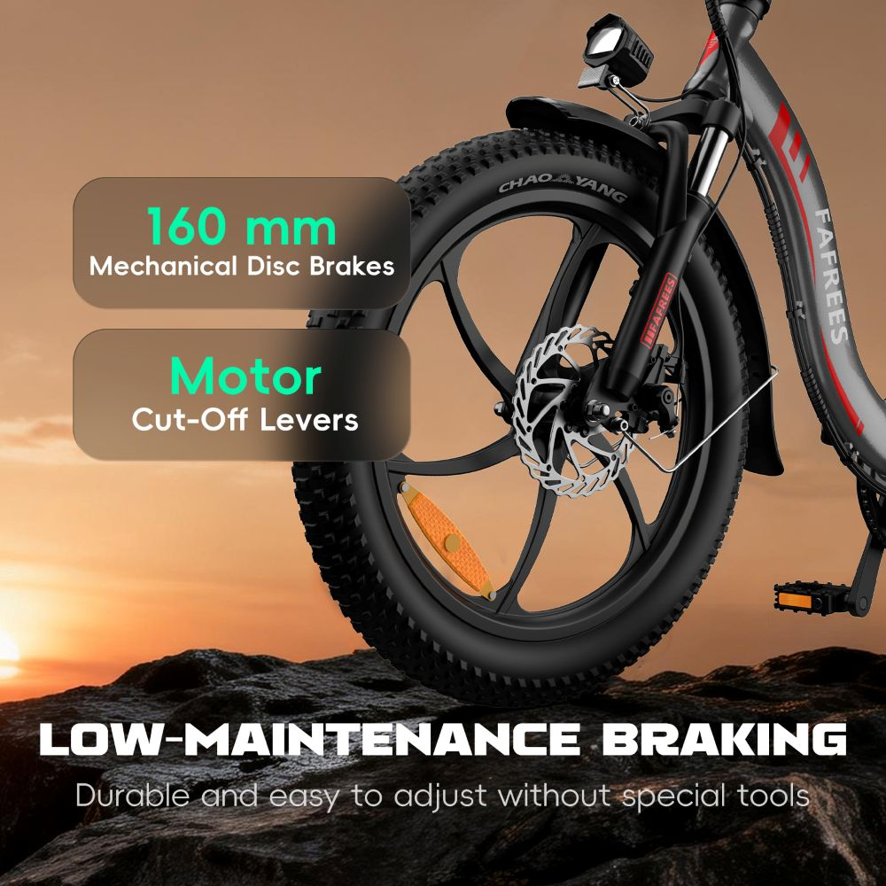 Primer plano de la rueda delantera de una e-bike con frenos de disco de 160 mm y palancas de corte del motor.