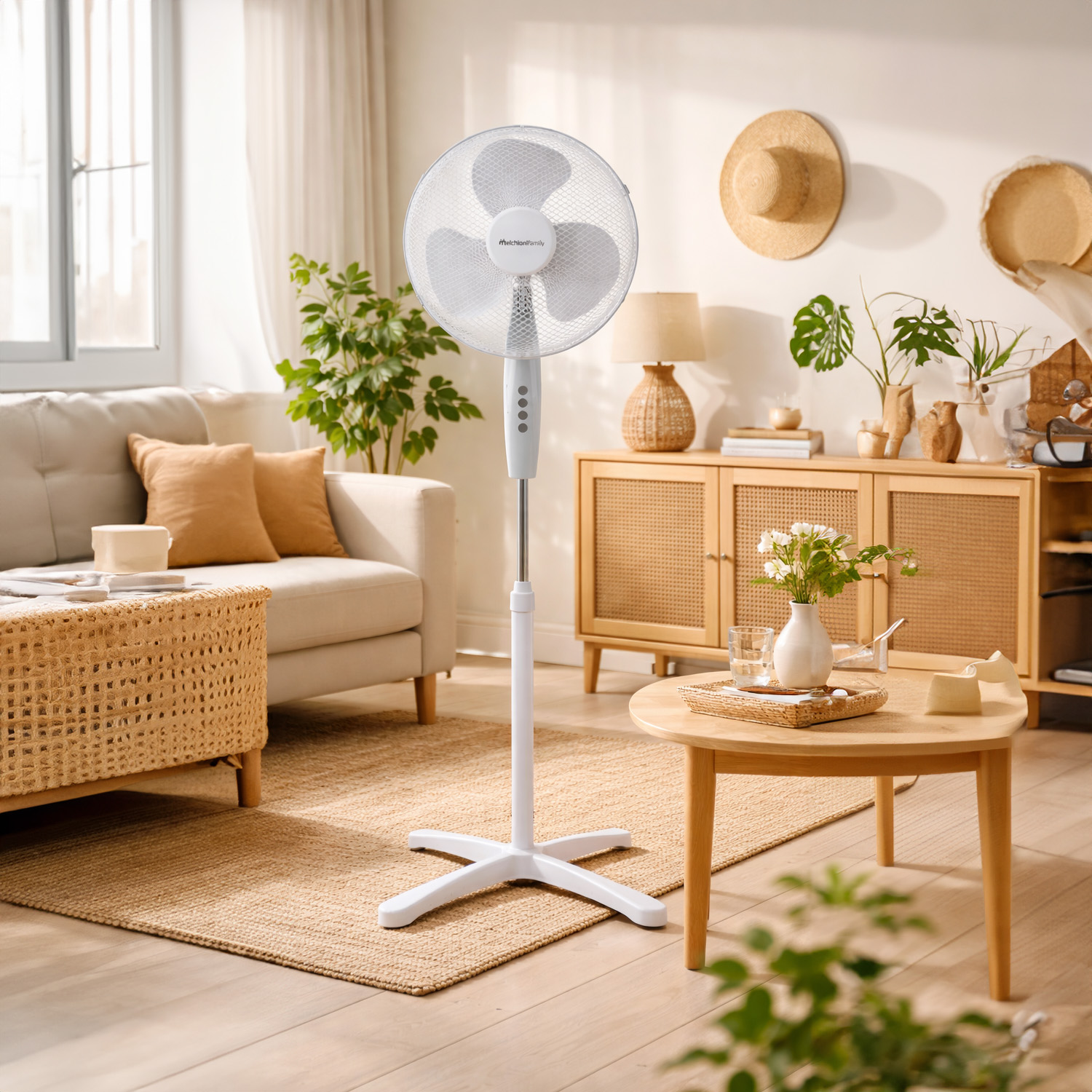 Un ventilador de pie blanco en una sala de estar luminosa con sofá, mesa de centro y armario.