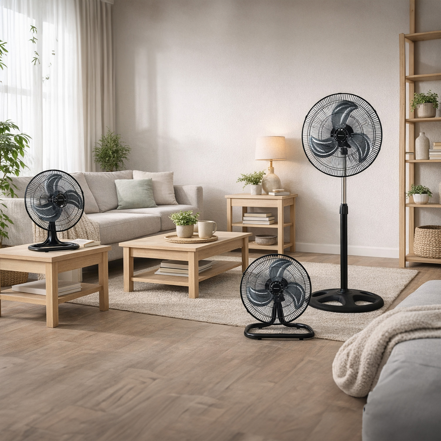 Tre ventilatori in un soggiorno: un ventilatore da terra e due da tavolo.