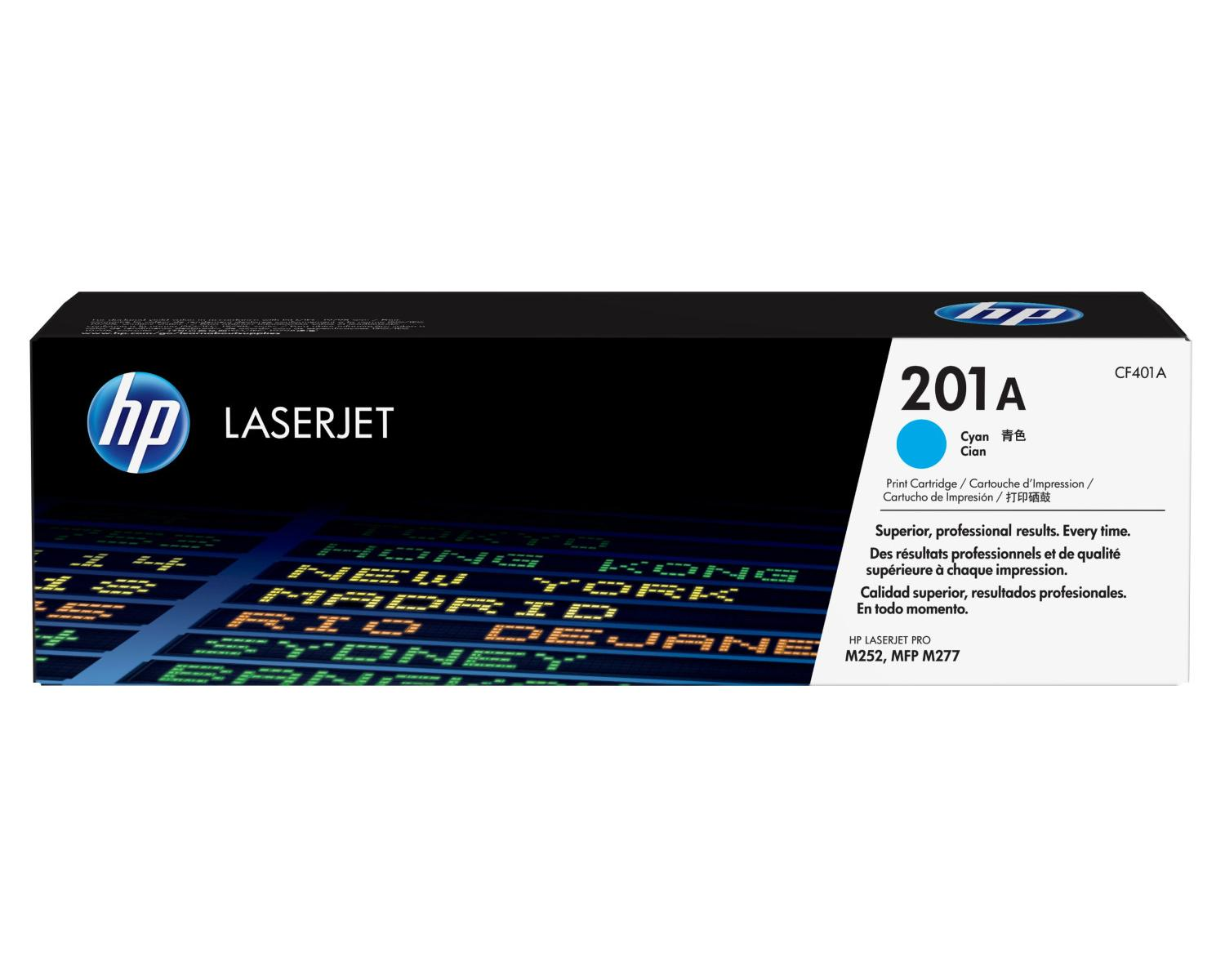 HP LaserJet cyaan tonercartridge 201A met tekst en plaatsnamen.