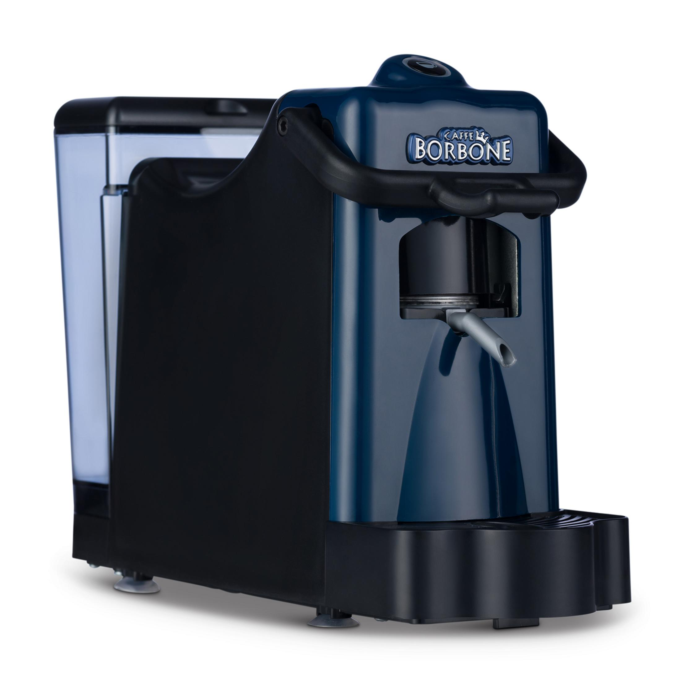 Macchina da caffè blu scuro con serbatoio acqua trasparente e scocca nera.
