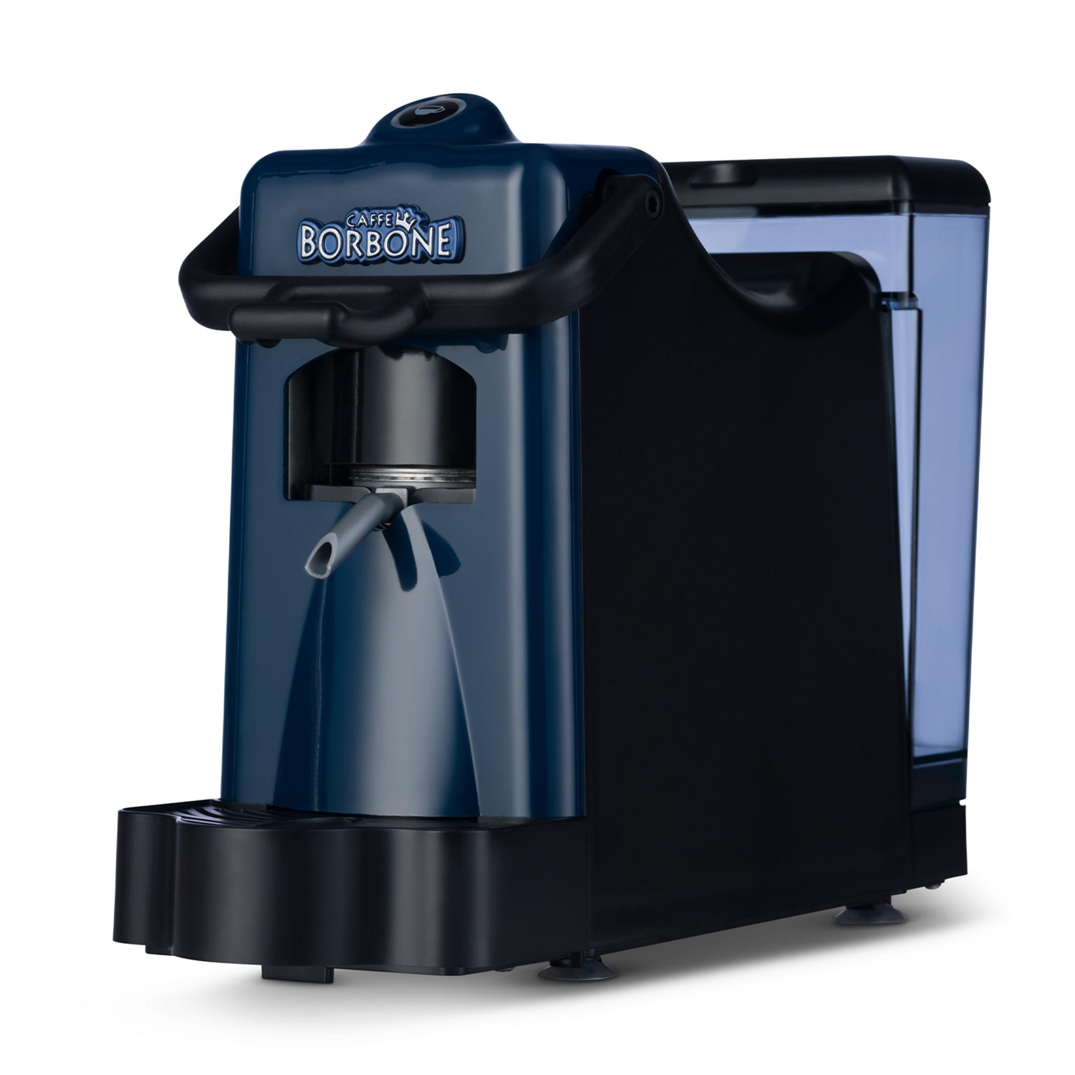 Una macchina da caffè blu con serbatoio dell'acqua nero e manico nero.