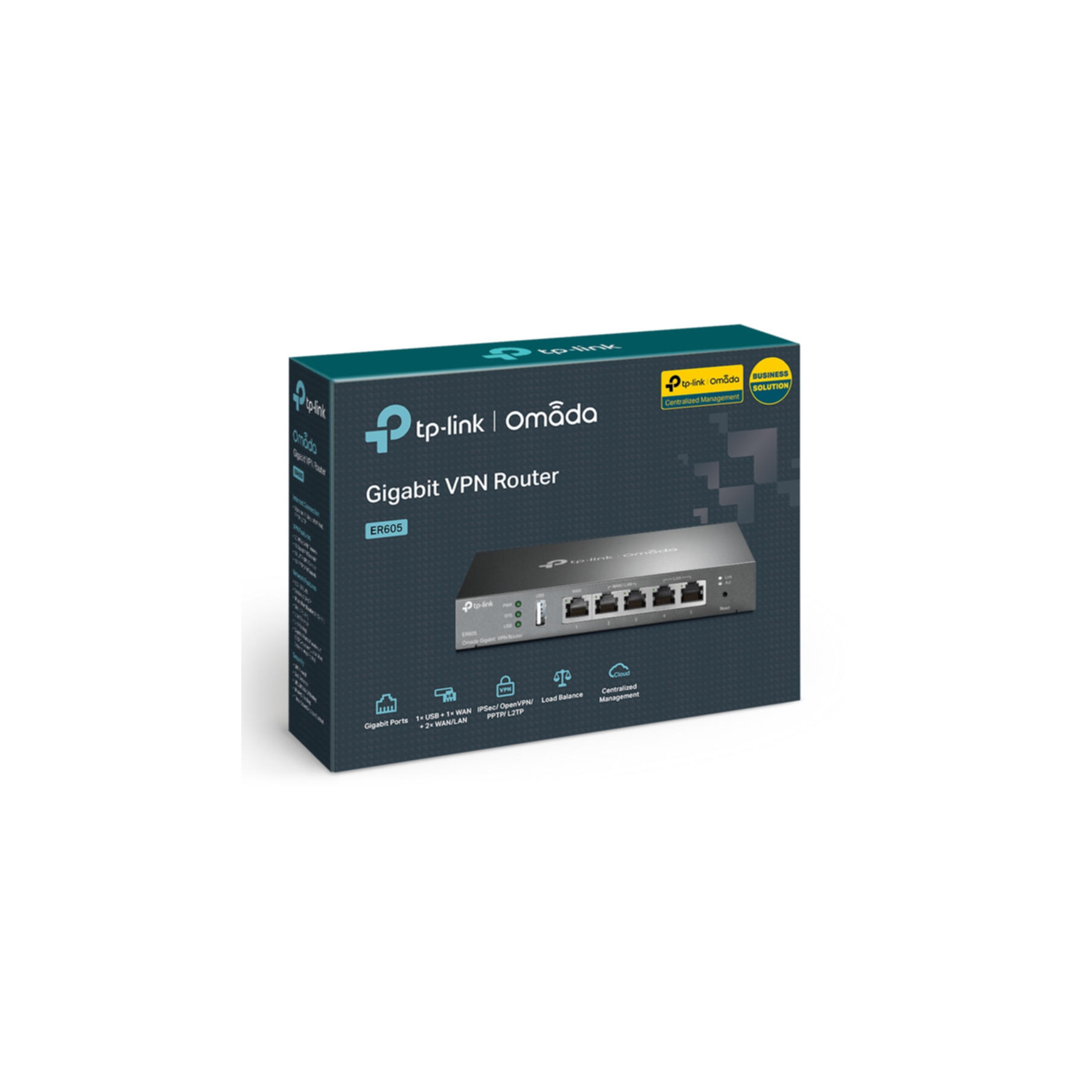 Pudełko TP-Link Omada Gigabit VPN Router ER605 z obrazem routera i funkcjami.