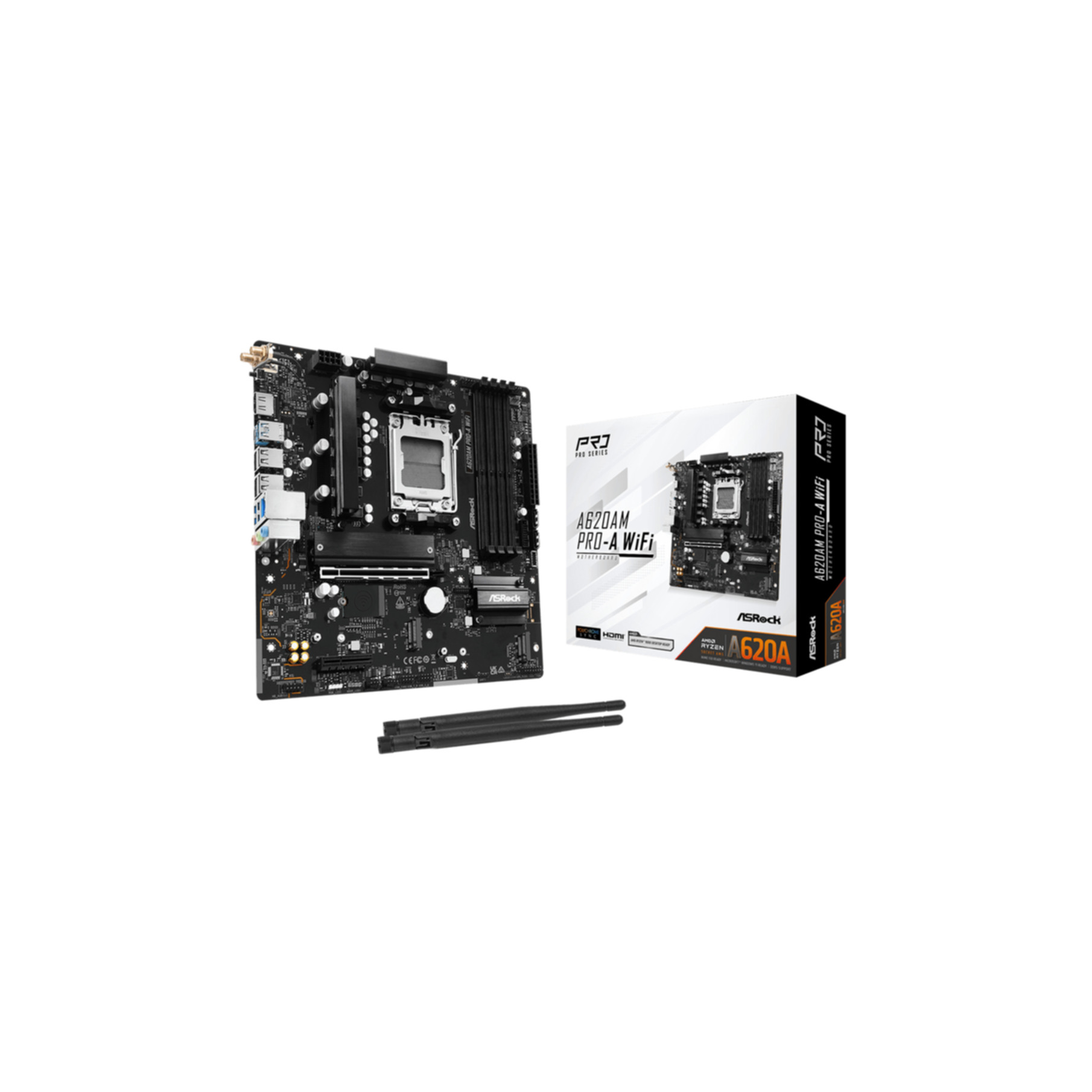 Czarna płyta główna z dwiema antenami i opakowaniem.