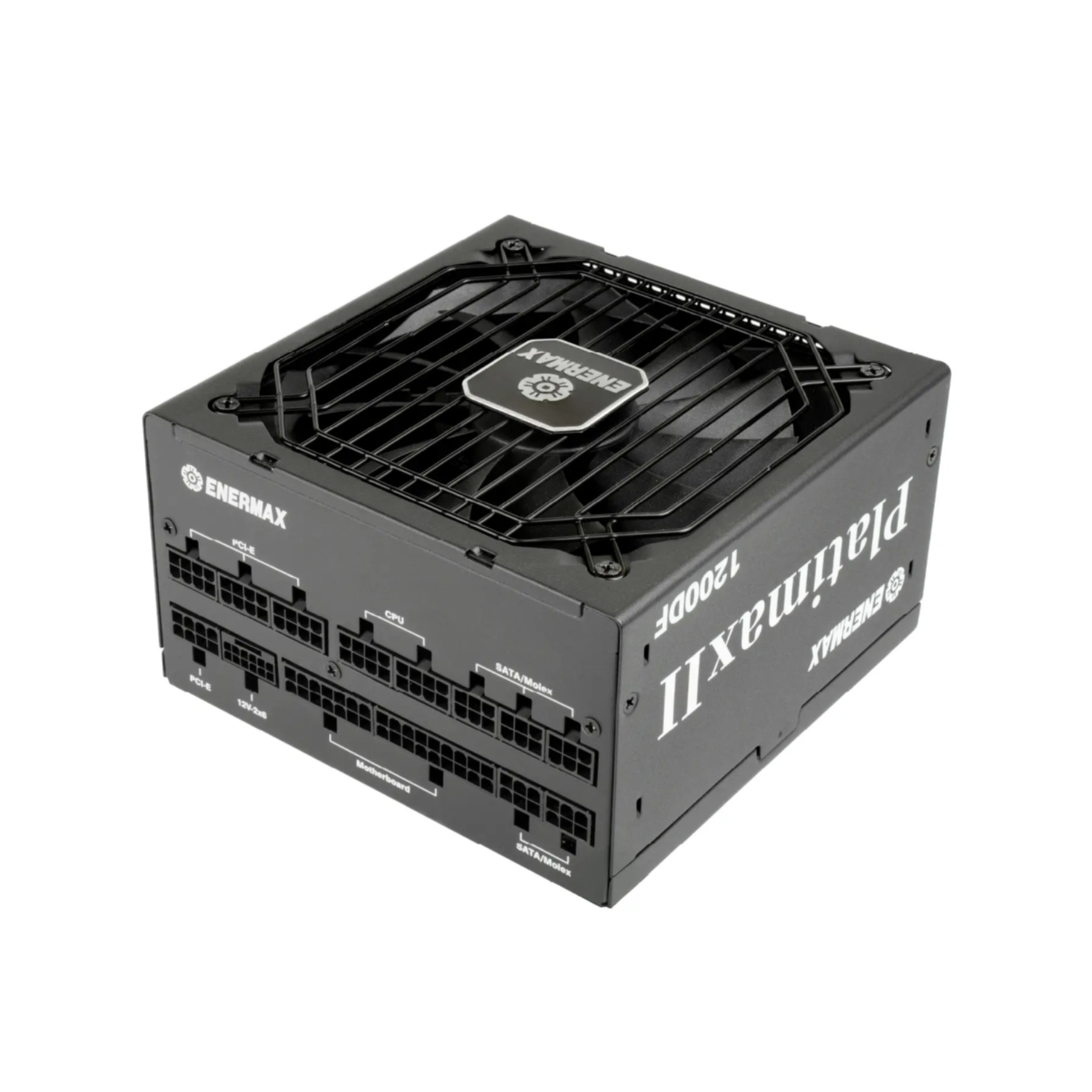Alimentatore nero con ventola sopra e porte sul lato.
