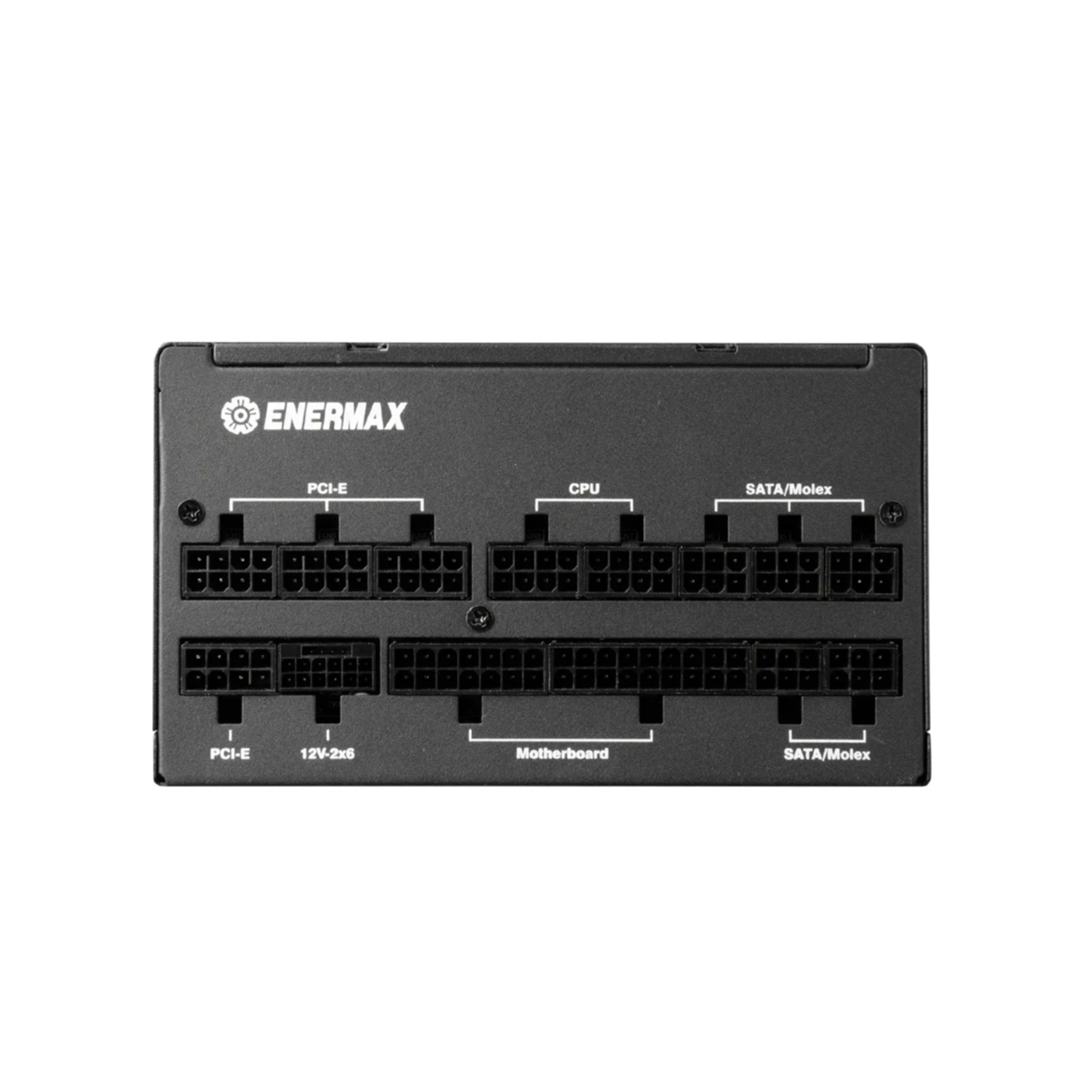 Alimentatore nero con porte etichettate: PCI-E, CPU, SATA/Molex.