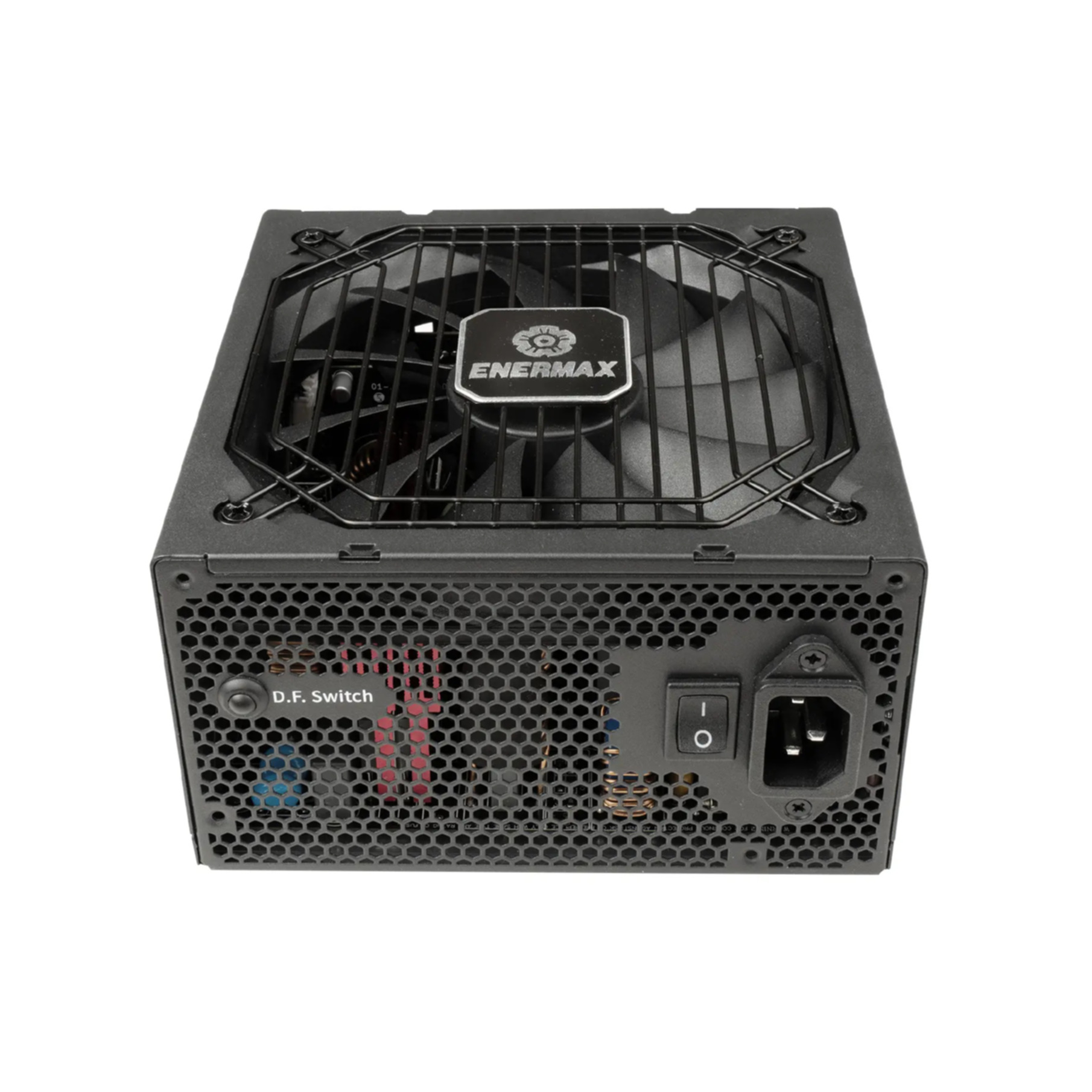 Alimentatore nero con ventola e logo ENERMAX. Interruttore e porte.