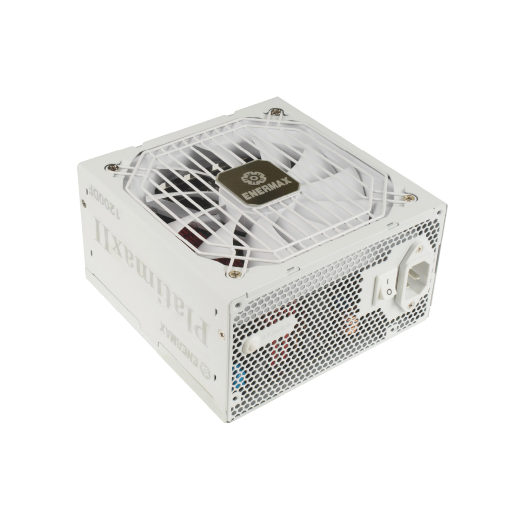 Un alimentatore Enermax bianco con griglia ventola e logo.