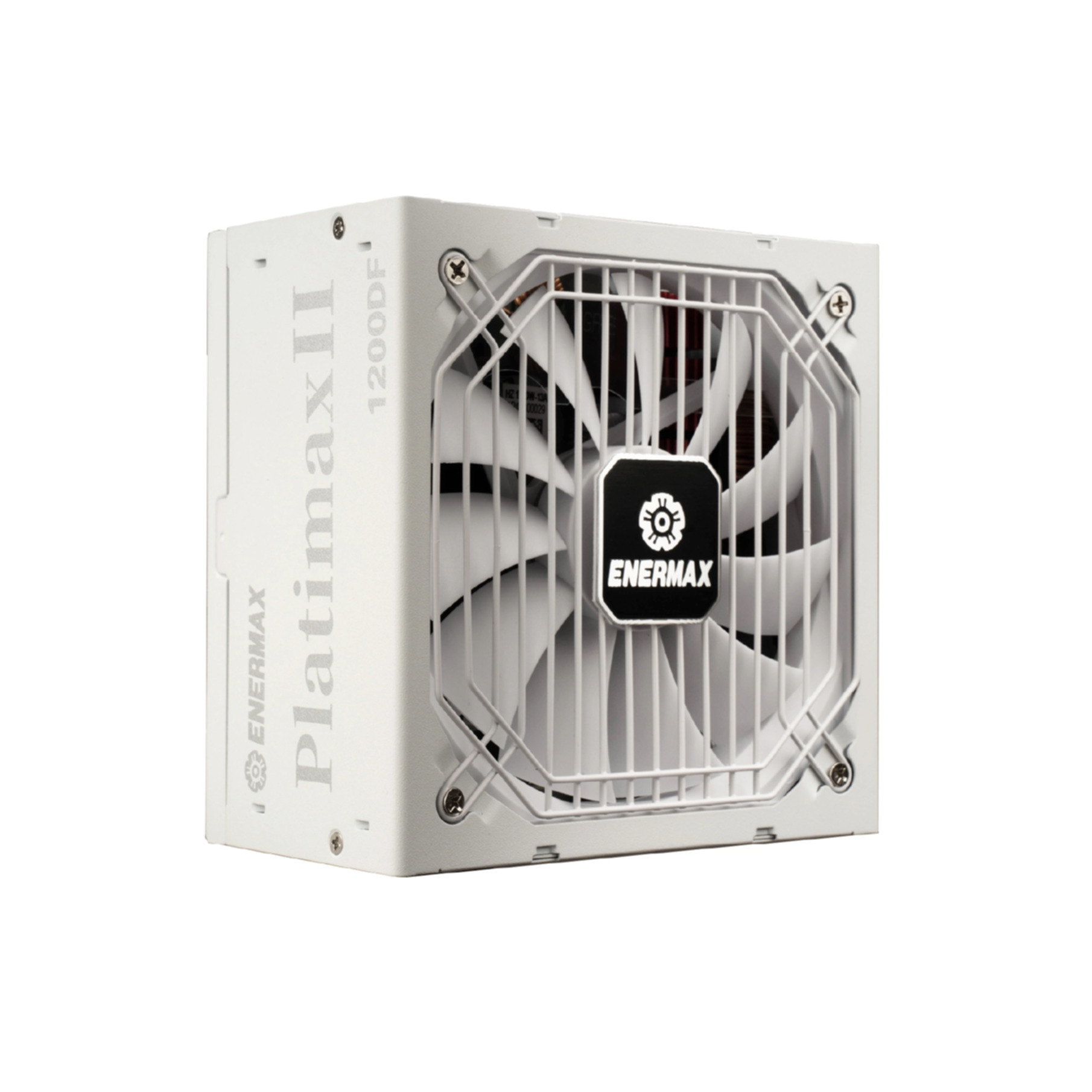 Un alimentatore PC bianco con ventola e logo ENERMAX.