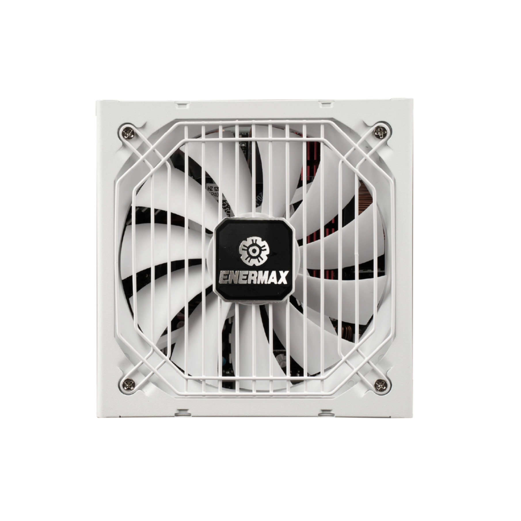 Un alimentatore bianco con ventola e logo Enermax.