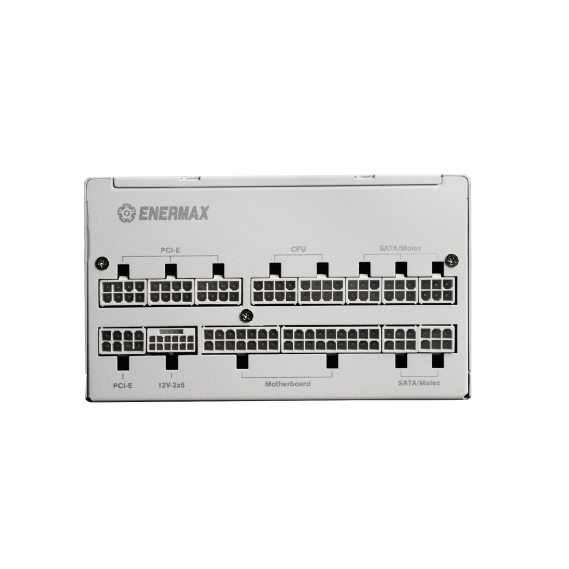 Un alimentatore Enermax argentato con molte porte per scheda madre, CPU, PCI-E, SATA/Molex.