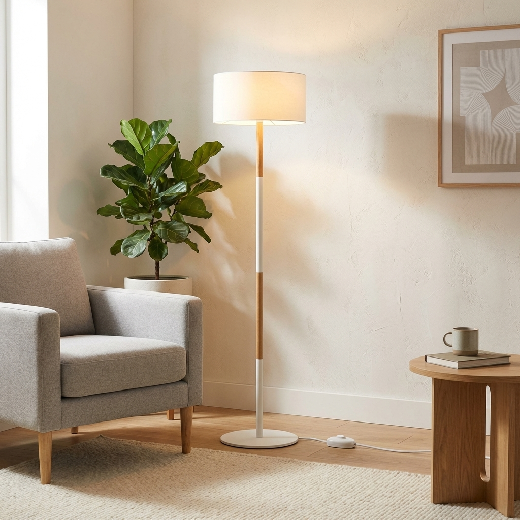 Una habitación luminosa con sillón, lámpara de pie y mesa auxiliar.