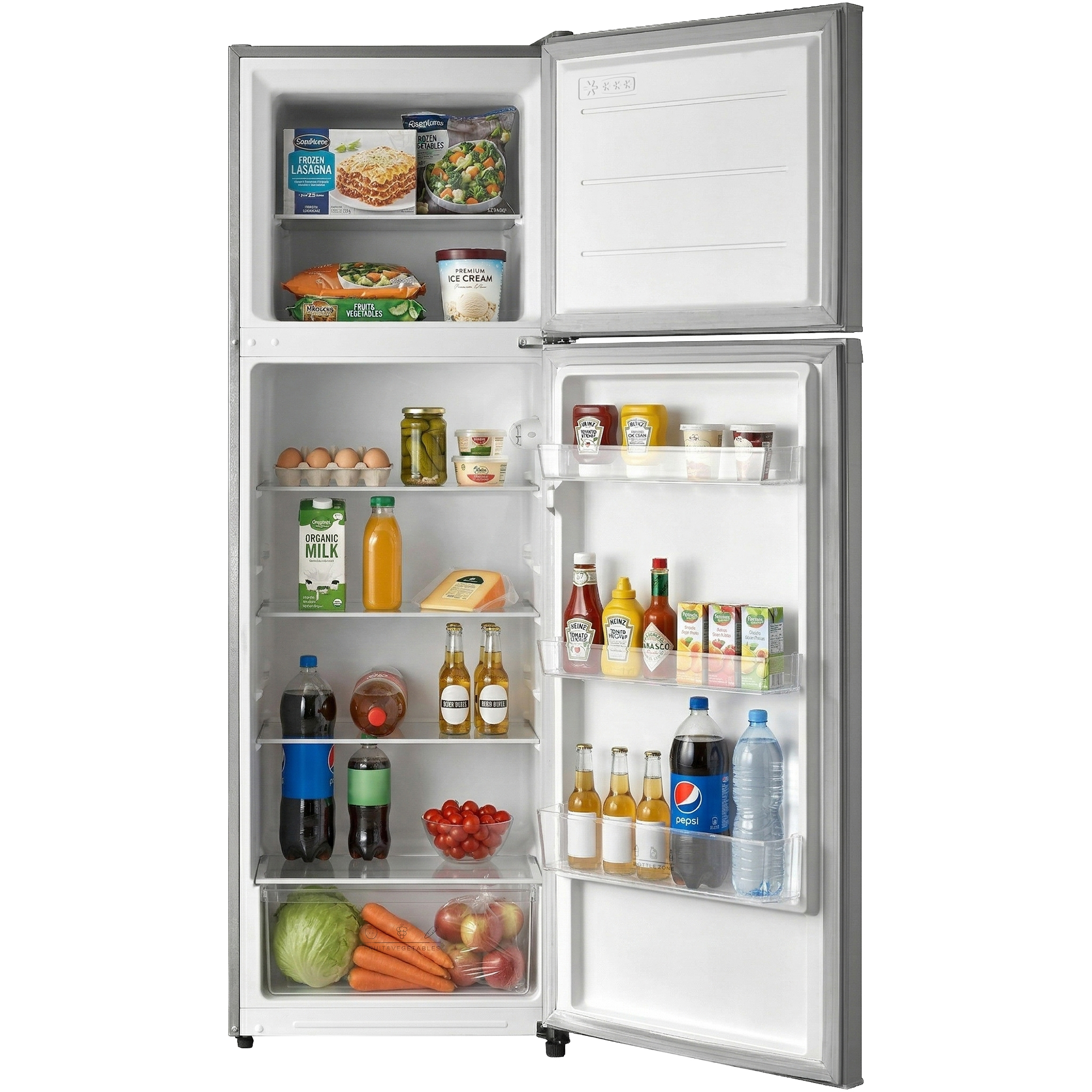 An open refrigerator stocked with food items on shelves, including frozen meals, milk, eggs, vegetables, and drinks.