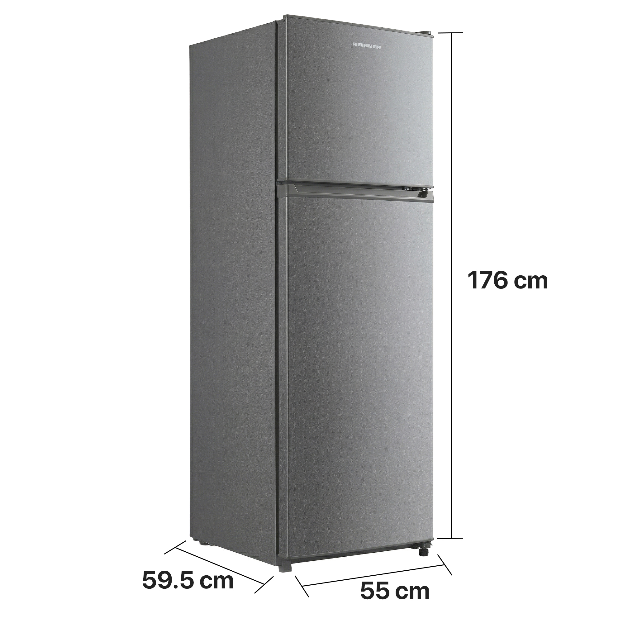 A gray HEINNER refrigerator with freezer, H 176 cm, W 55 cm, D 59.5 cm.