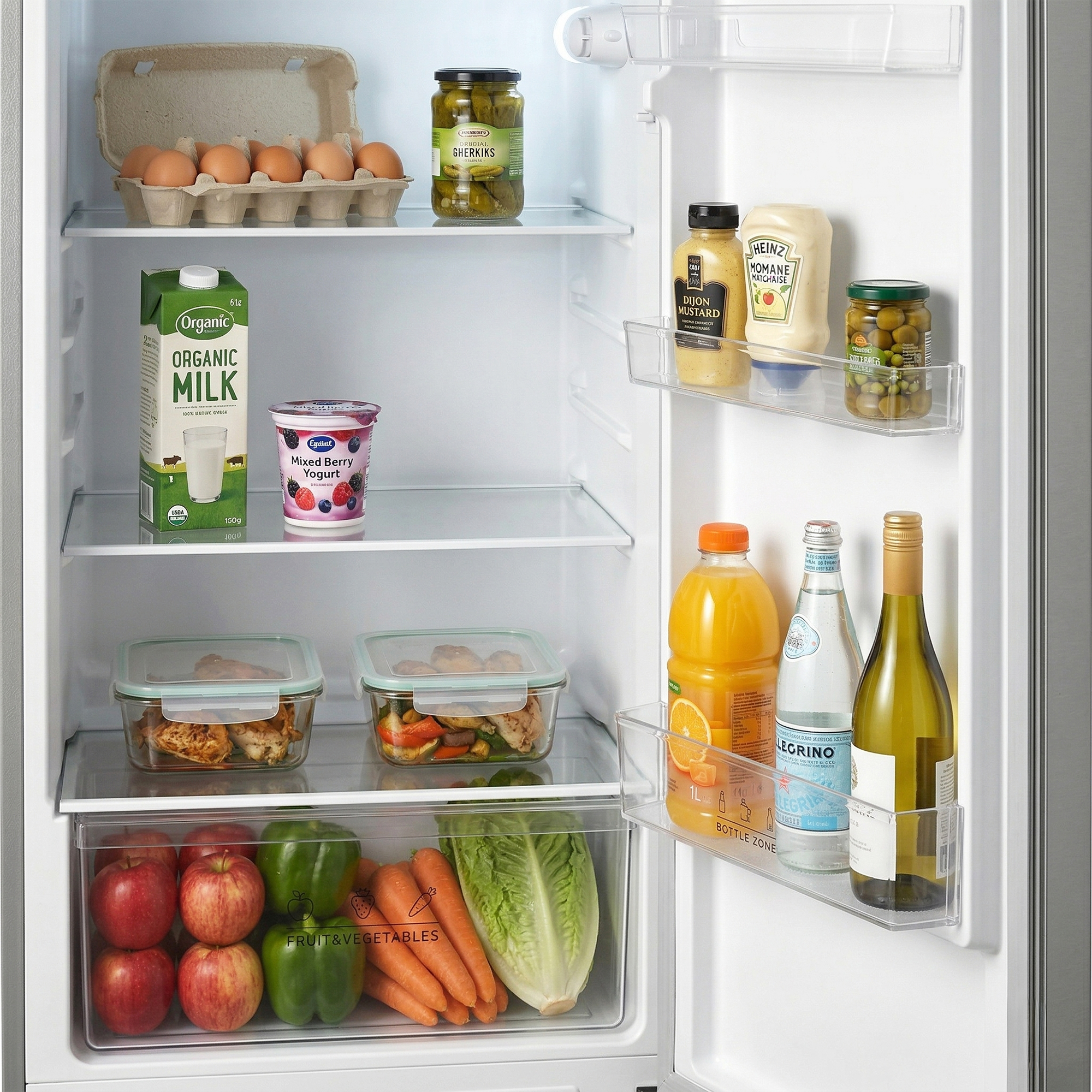 An open refrigerator with eggs, milk, yogurt, pickles, mustard, mayo, olives, juice, water, and wine.