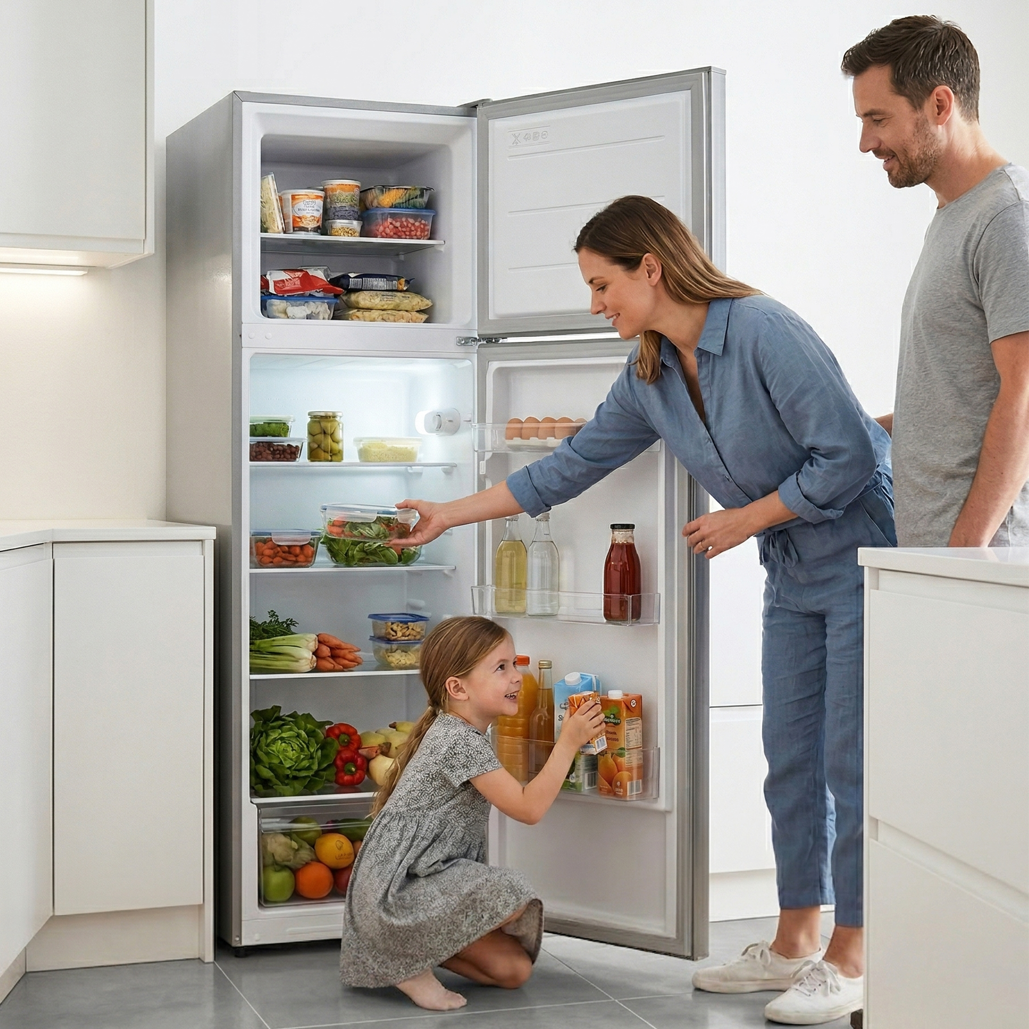 A family opens a refrigerator filled with food items.