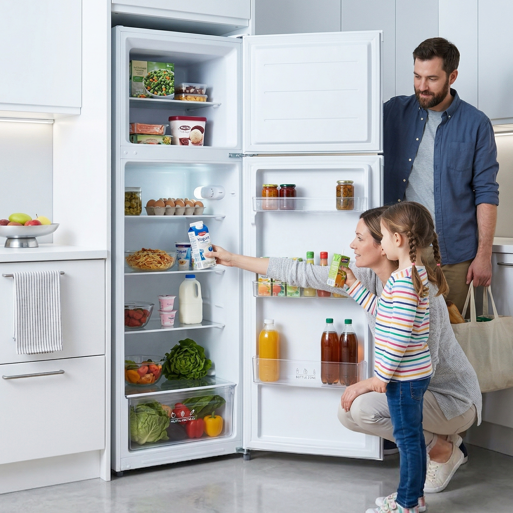 Familie bij open koelkast met eten. Vrouw geeft sap aan kind.