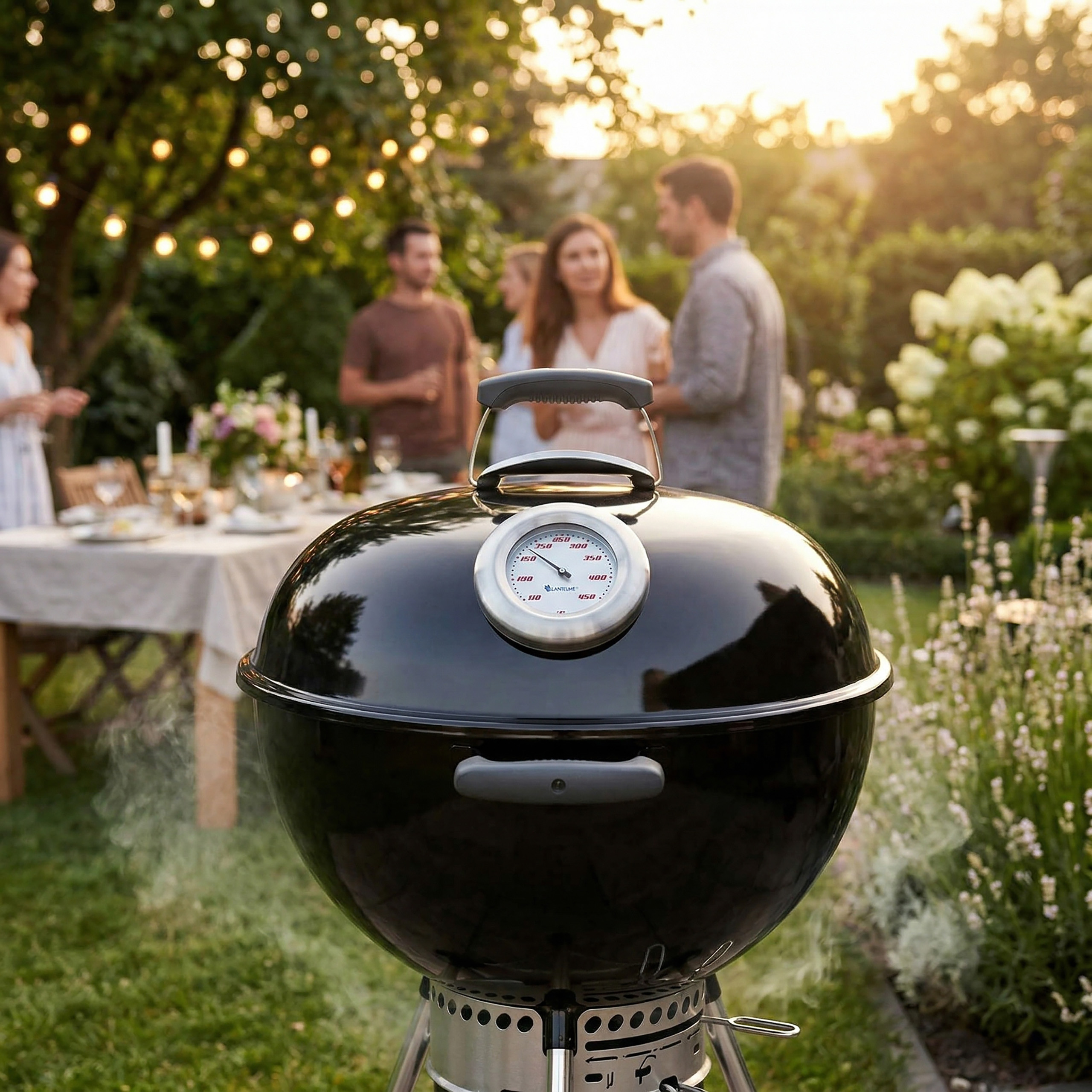 Ein schwarzer Grill mit Thermometer im Garten, Leute im Hintergrund, Abendsonne.