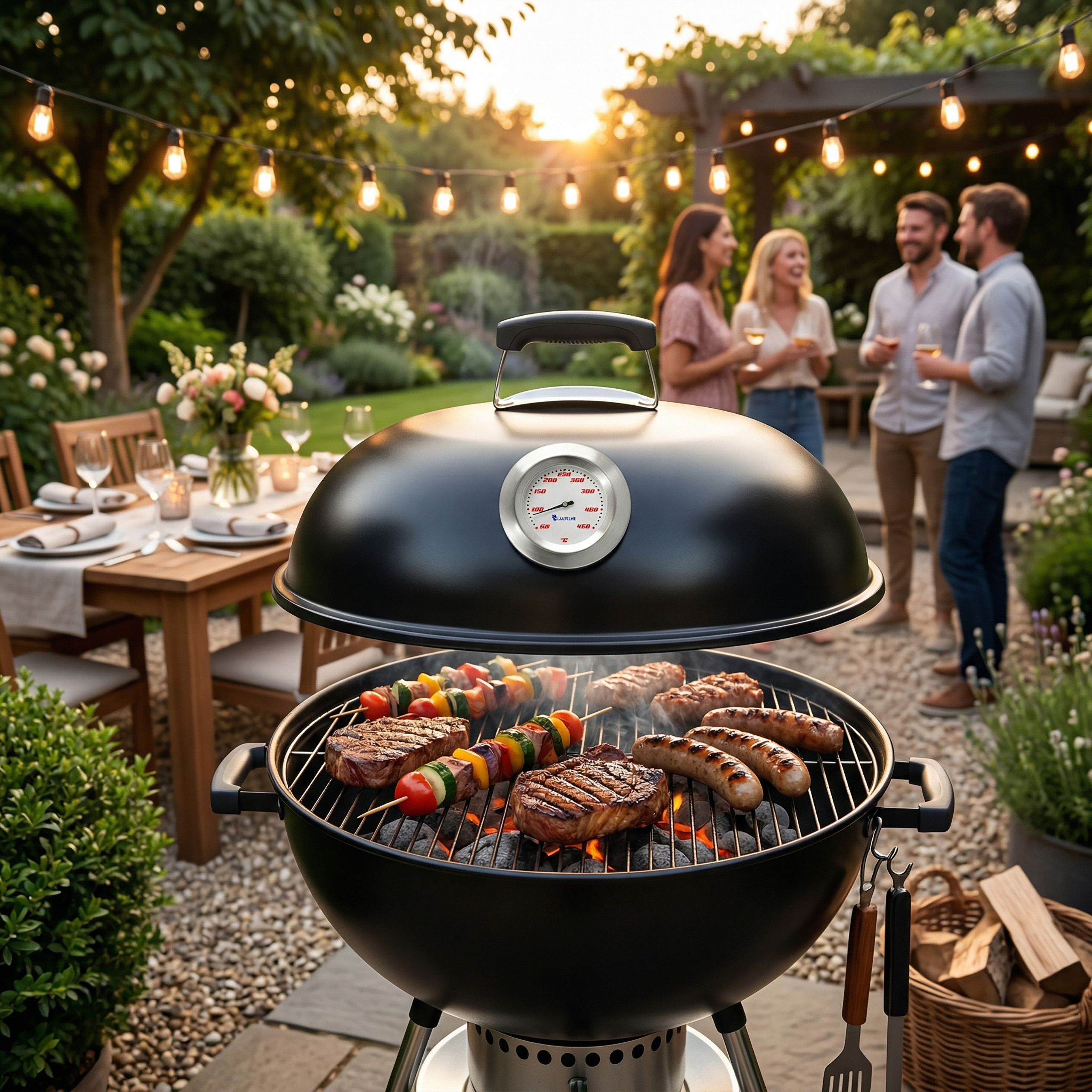 Ein Grill mit Steaks und Spießen im Abendlicht, daneben ein Tisch.