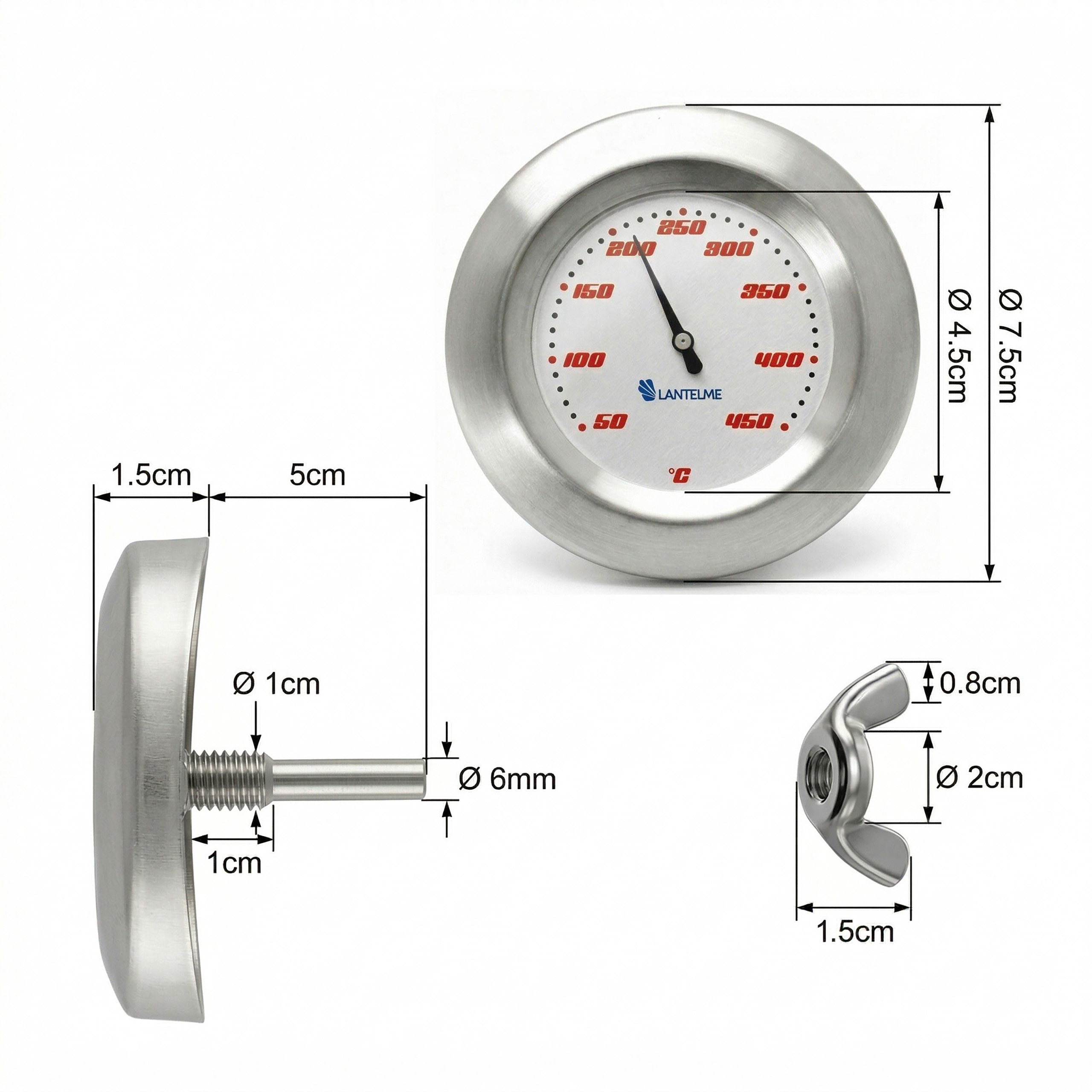 Ein Thermometer mit detaillierten Maßen, einschließlich eines Flügelmutters und einer Sonde.