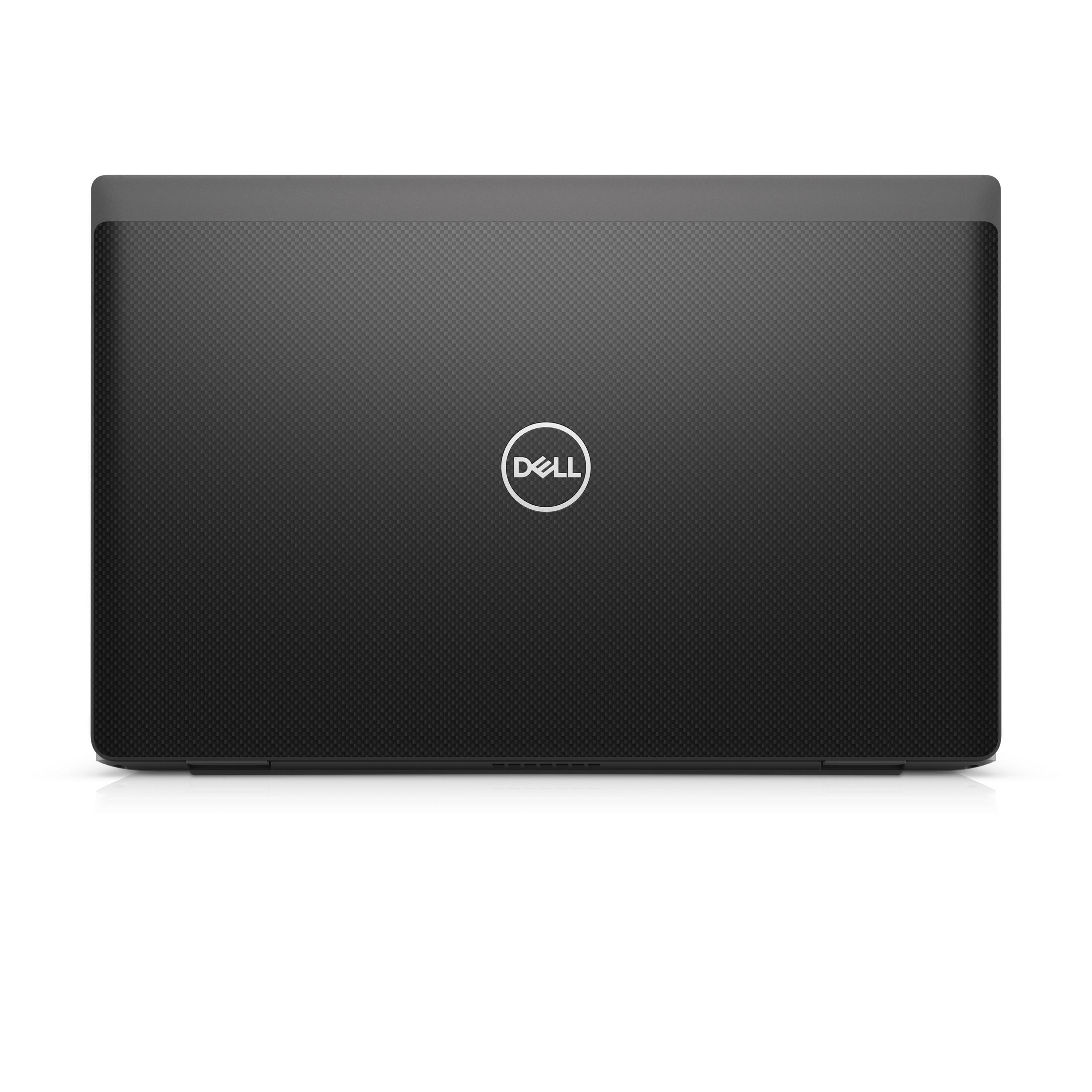 Laptop Dell nero chiuso con coperchio testurizzato e logo.