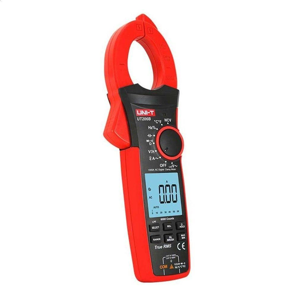 Mavi LCD ekrana sahip kırmızı bir UNI-T UT206B AC dijital pensampermetre.
