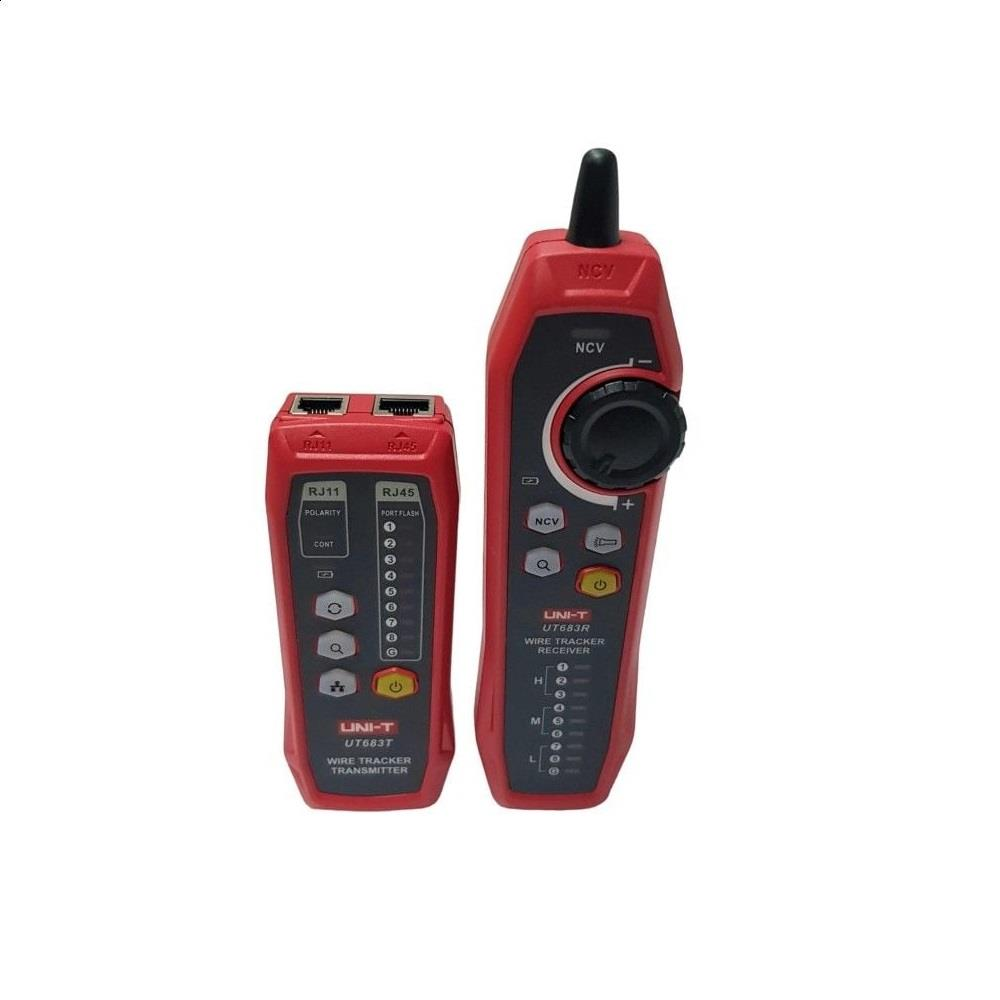 RJ11/RJ45 portları ve LCD ekranları olan iki kırmızı kablo izleyici, verici ve alıcı.
