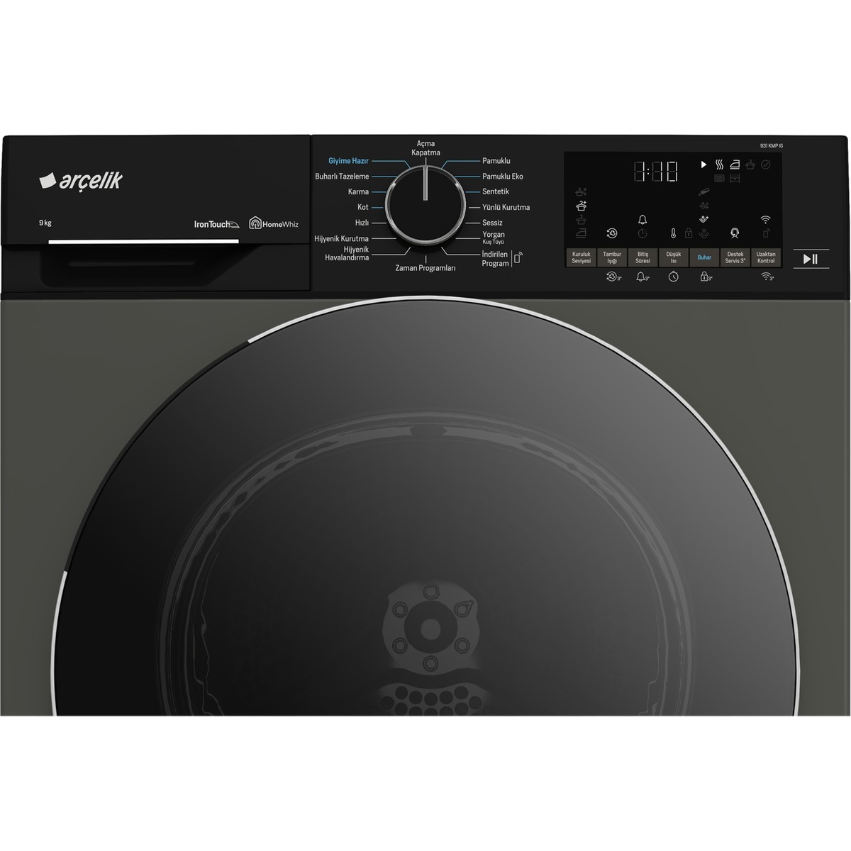 Kontrol panelli ve yuvarlak kapaklı siyah çamaşır kurutma makinesinin ön görünümü.