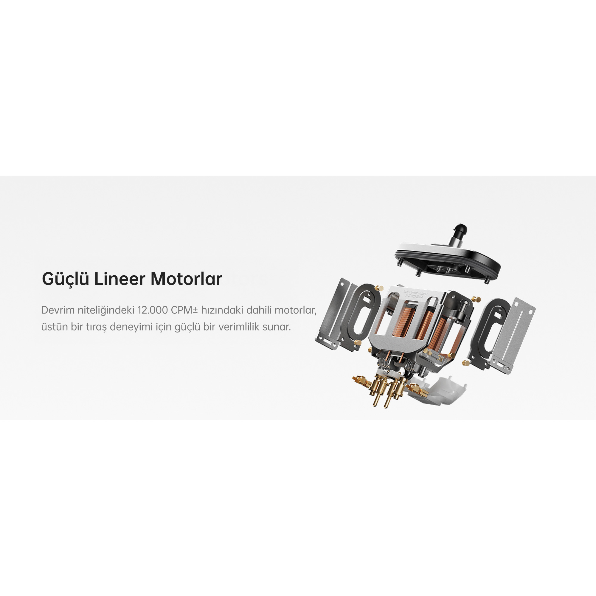 Bakır sargılı ve pirinç konnektörlü demonte lineer motor.