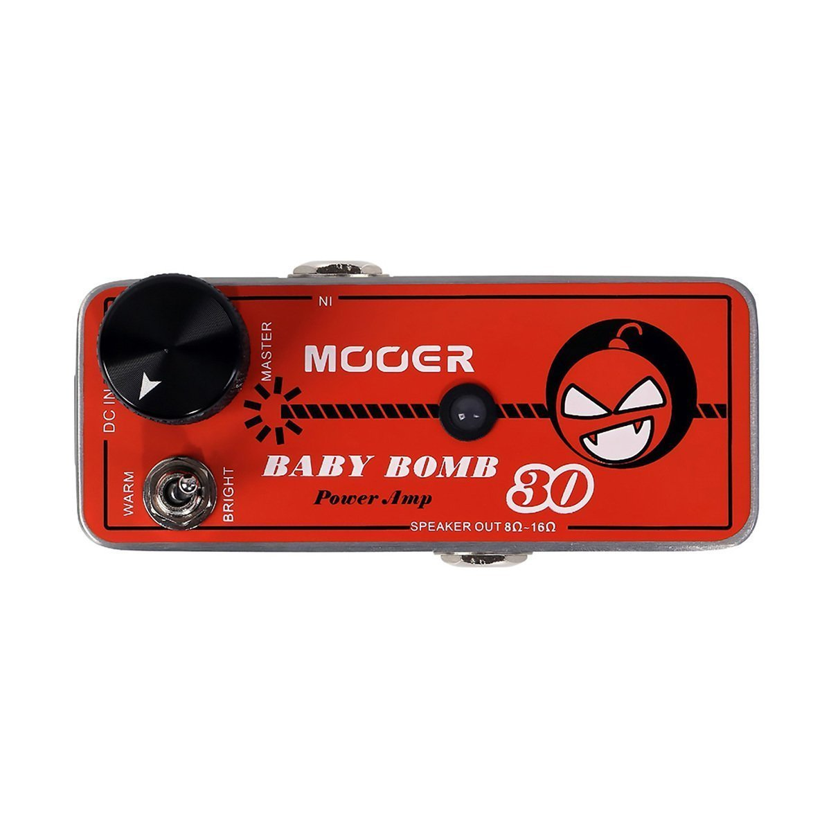 Siyah kontrolleri ve çizgi film bomba logosu olan kırmızı Mooer Baby Bomb power amp.