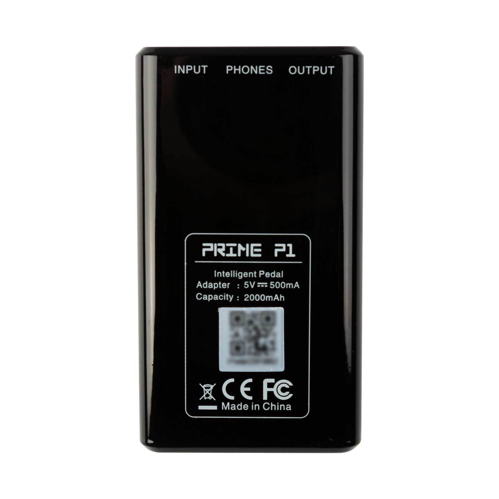 Etiketli siyah akıllı pedal: INPUT, PHONES, OUTPUT, PRINE P1, 5V=500mA, 2000mAh.