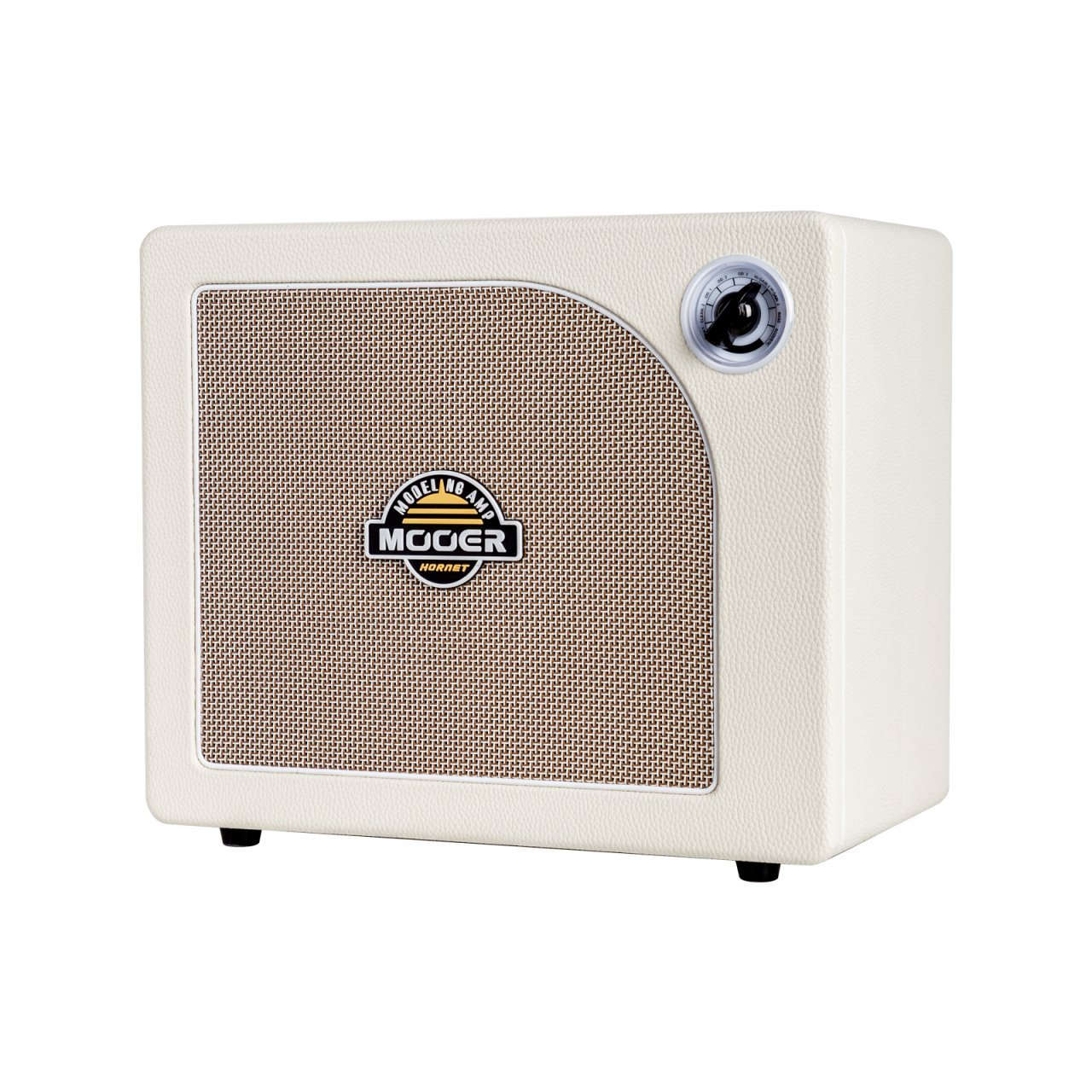 Een witte Mooer Hornet modeling versterker met bruin speakerrooster en een regelknop bovenop.