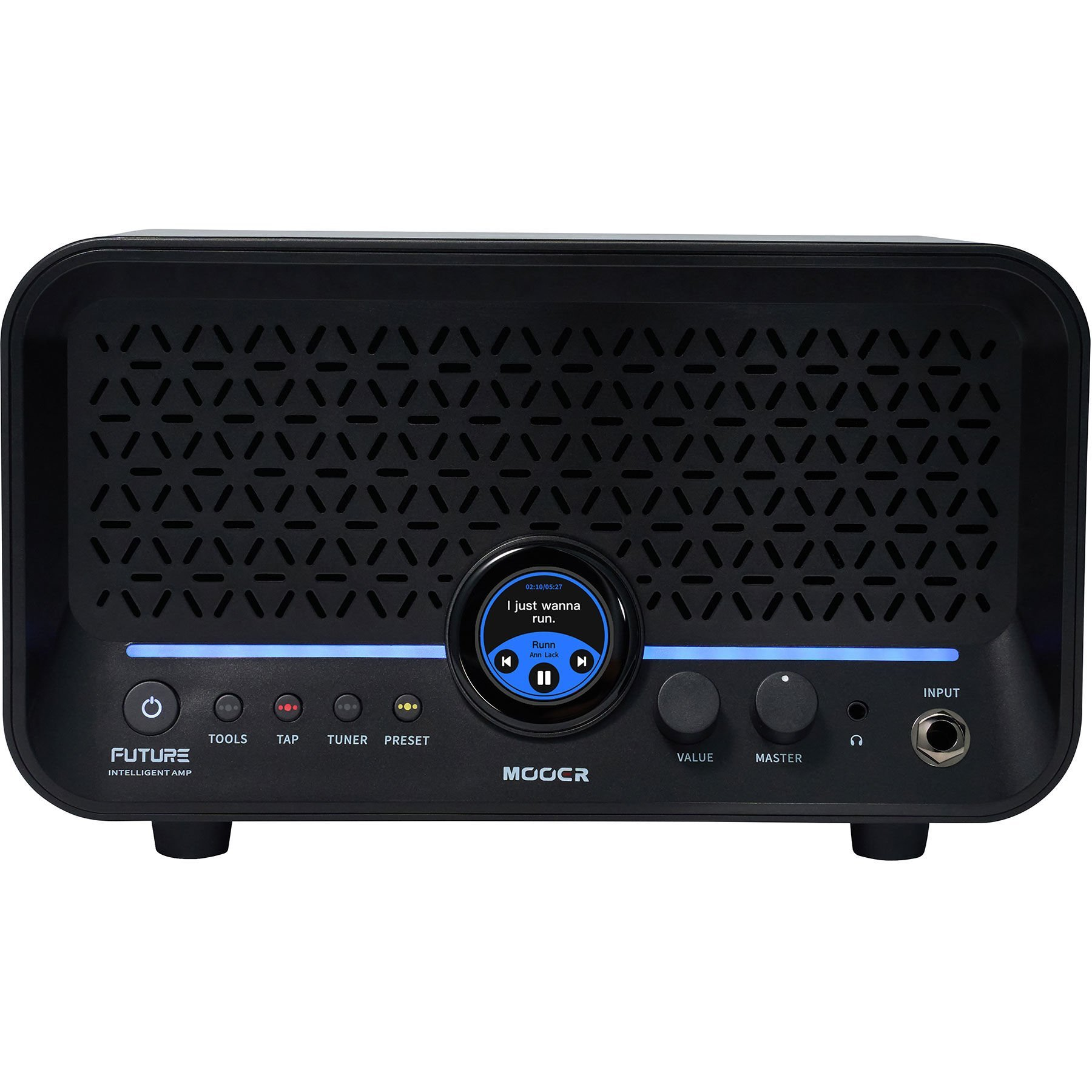 Dijital ekranlı ve kontrol düğmeli siyah bir Mooer Future Intelligent Amp.